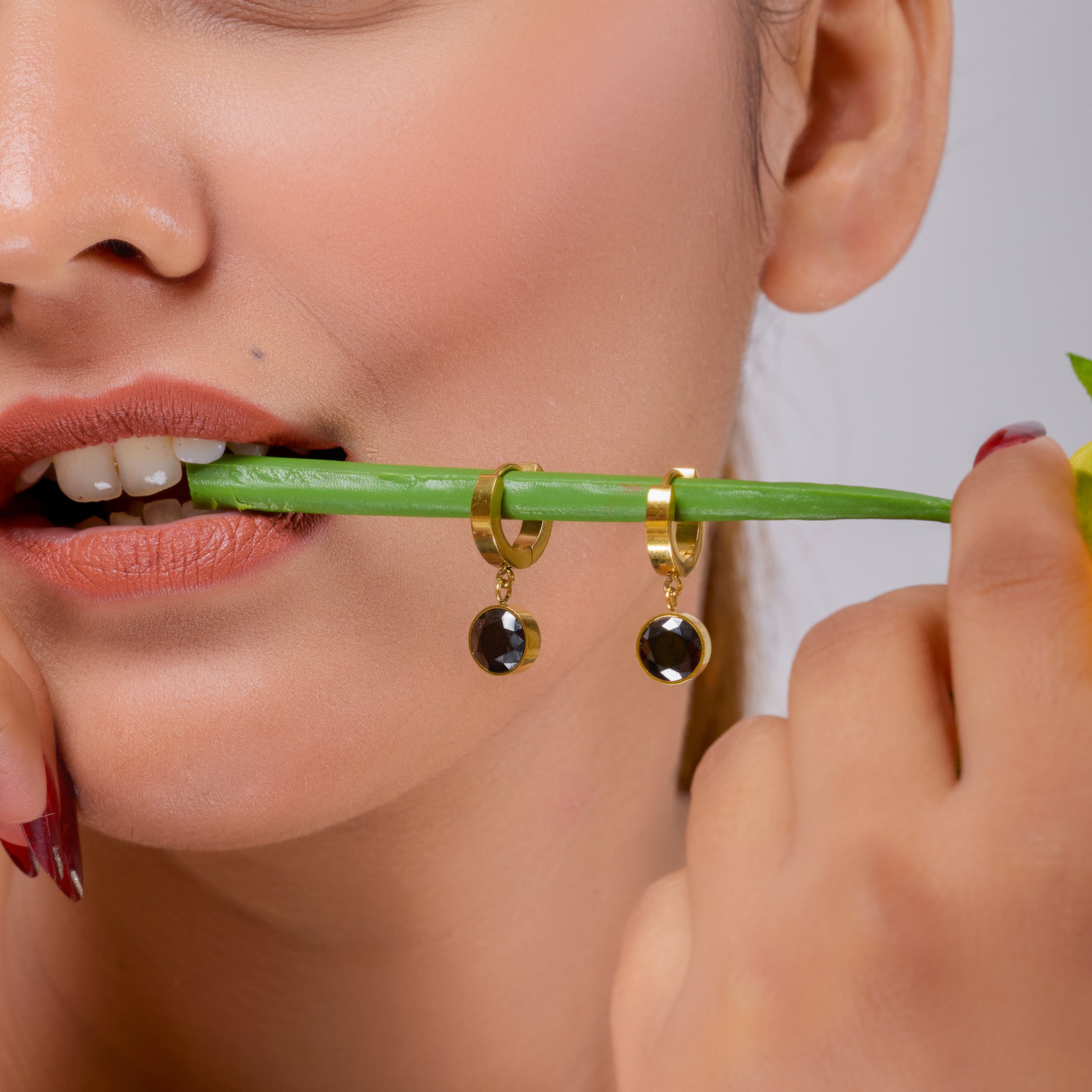 Designer Gold Hoop Black Stone Earrings