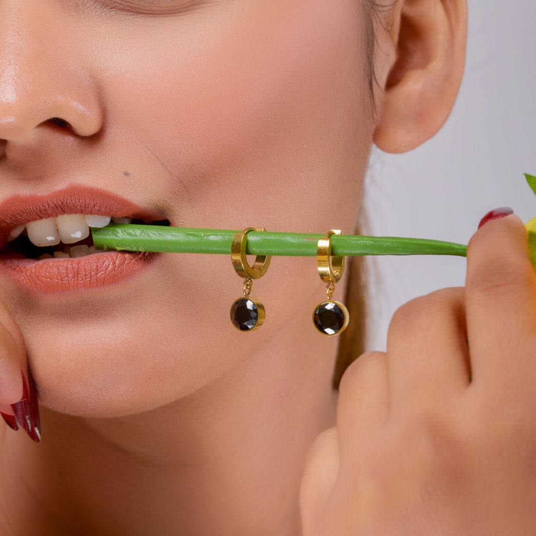 Designer Gold Hoop Black Stone Earrings