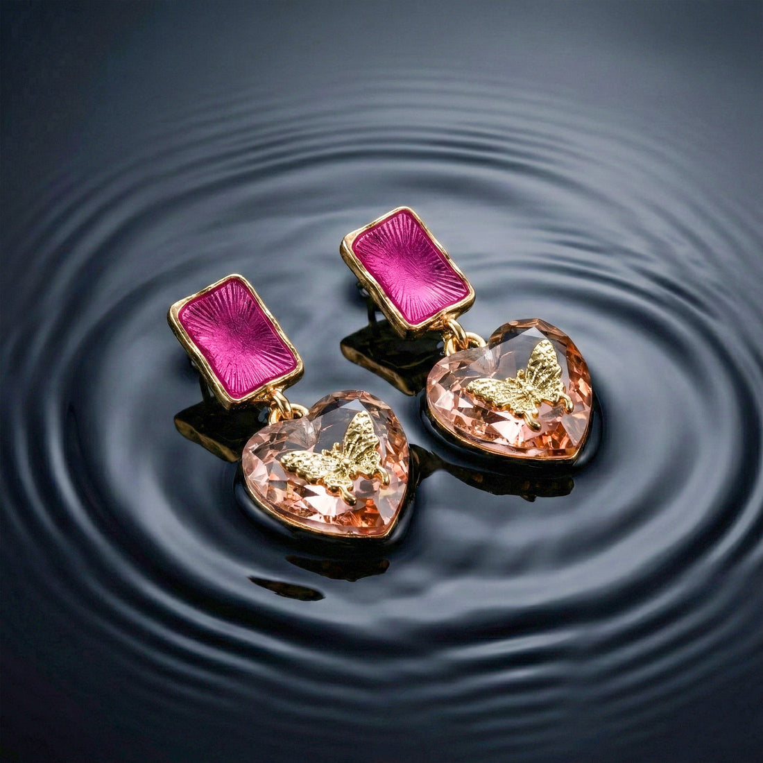 Butterfly Heart Floral Gold Earrings