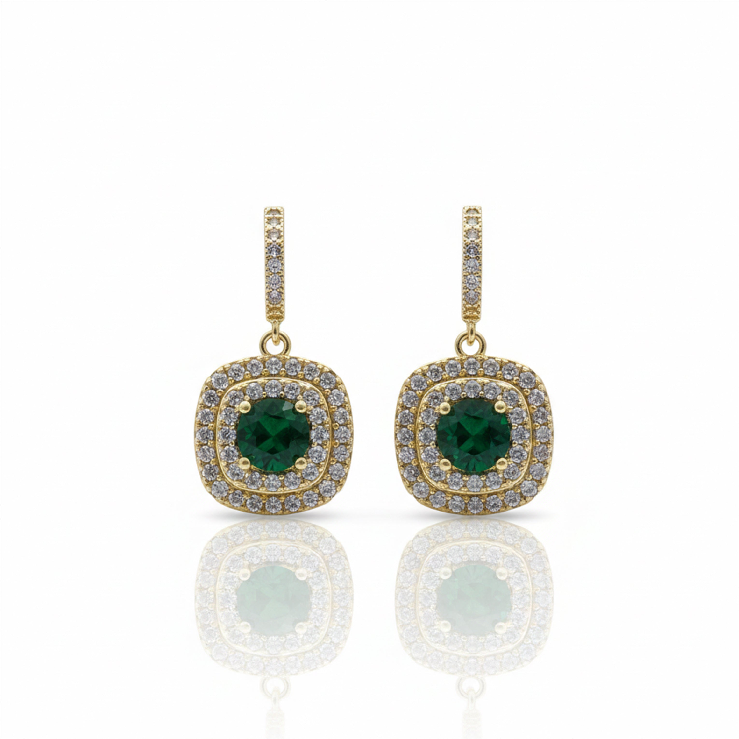Classic Emerald Halo Gold Earrings