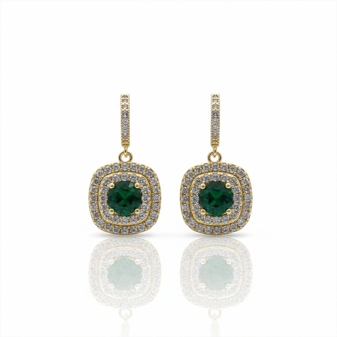 Classic Emerald Halo Gold Earrings