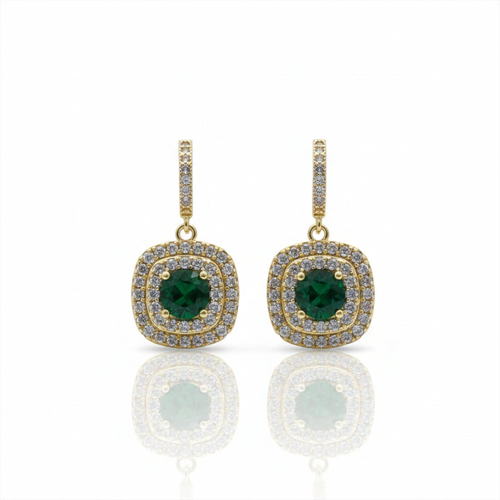 Classic Emerald Halo Gold Earrings