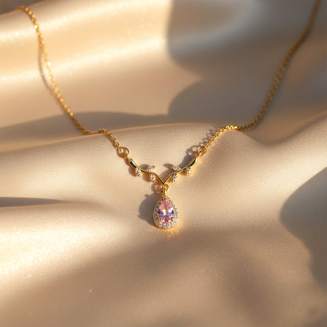 Rose Crystal Teardrop Gold Necklace