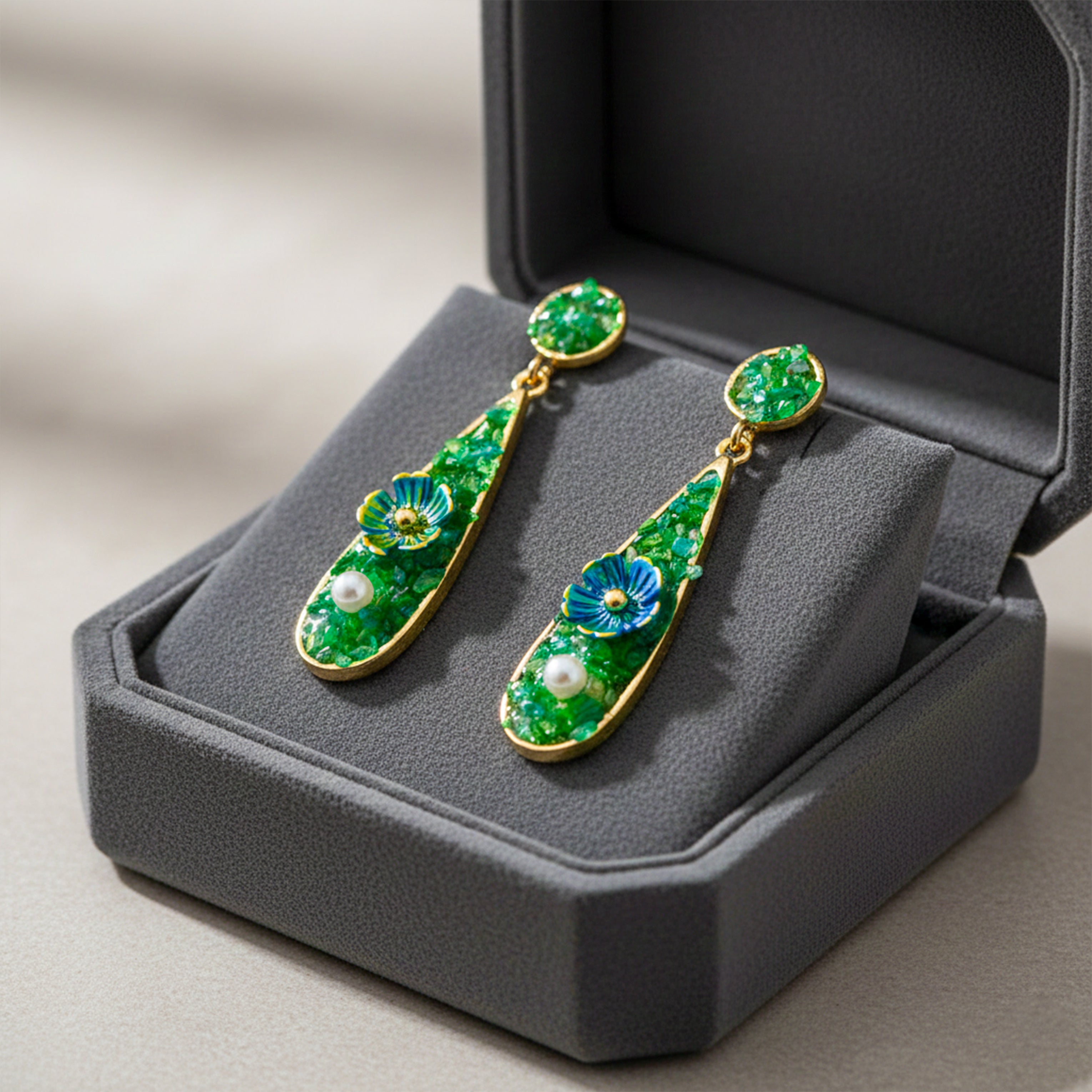 Elegant Green Floral Drop Earrings