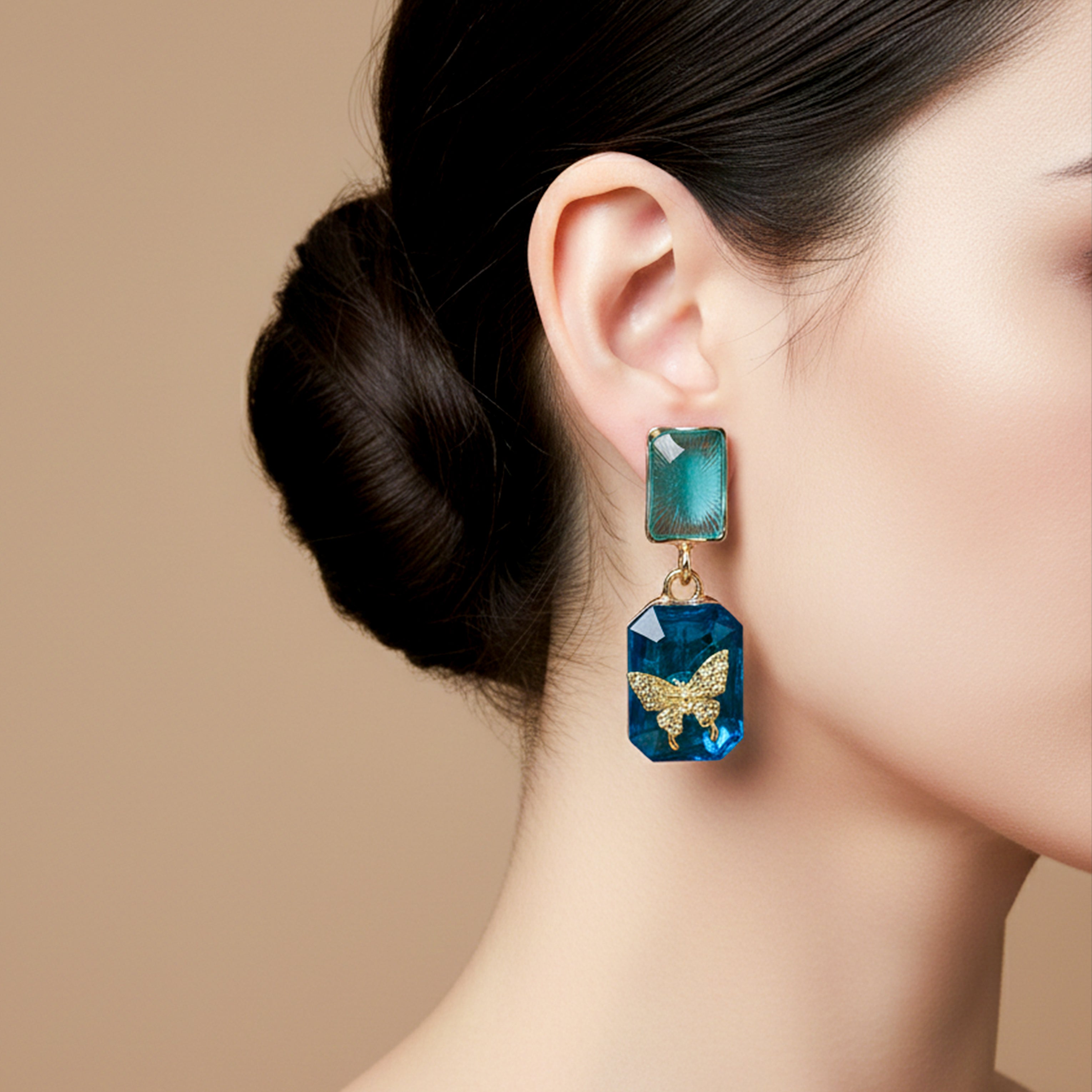 Blue Crystal Butterfly Drop Earrings