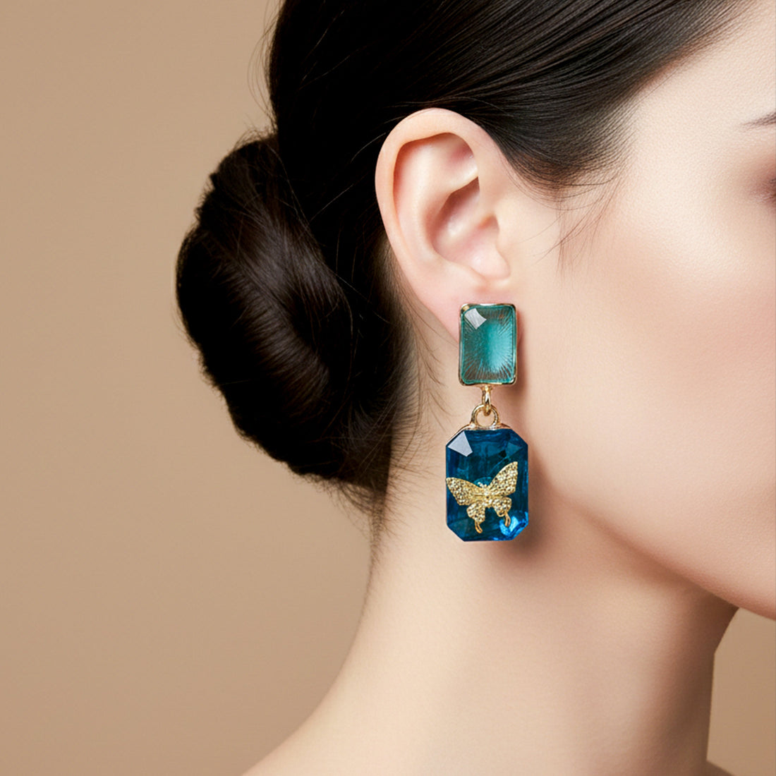 Blue Crystal Butterfly Drop Earrings