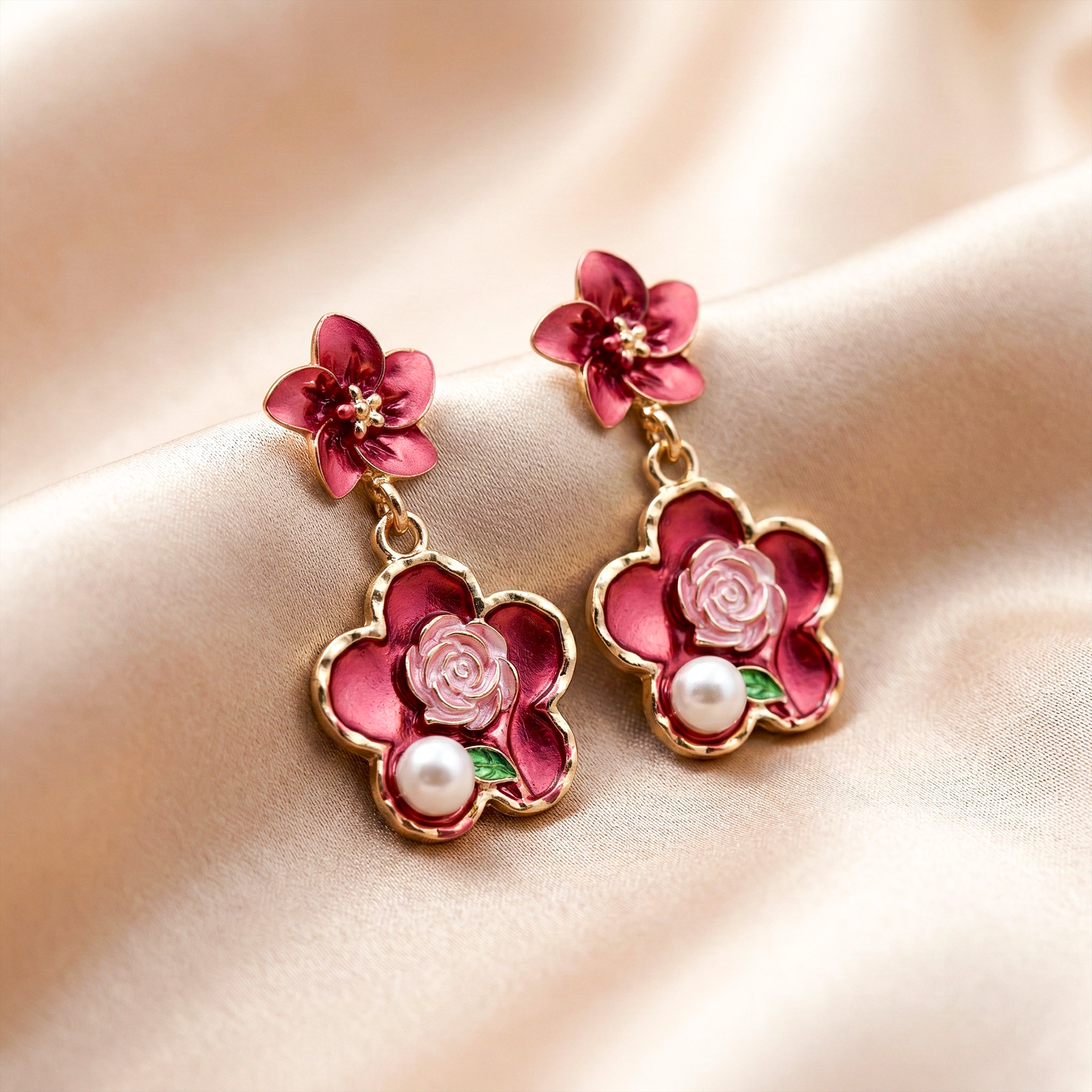 Rose Charm Pearl Drops Earrings