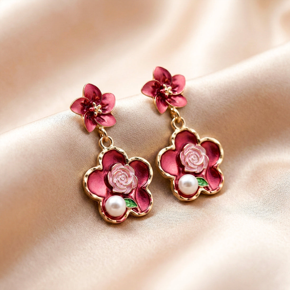 Rose Charm Pearl Drops Earrings