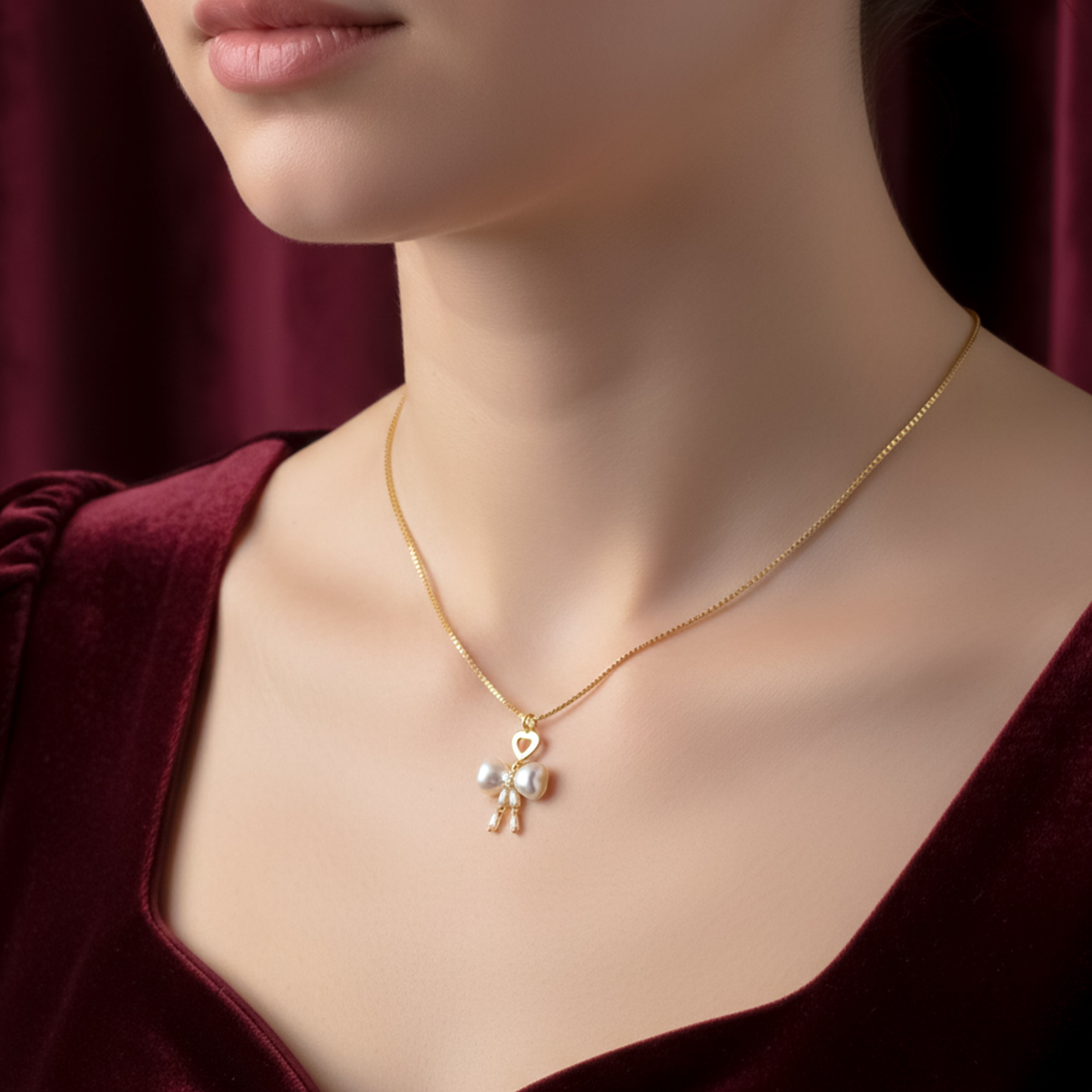 Elegant Gold Heart & Pearl Bow Necklace