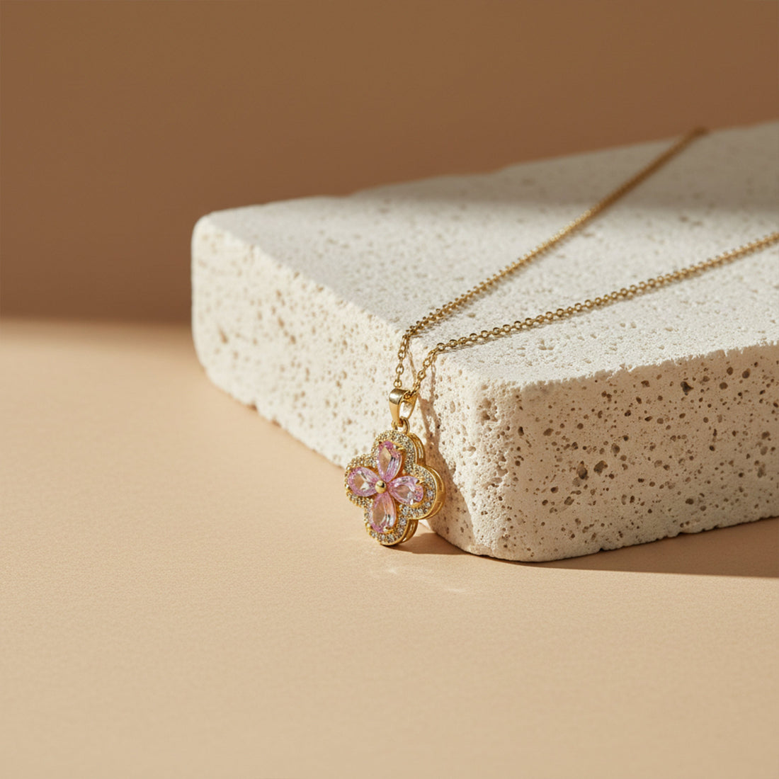 Pink Blossom Flower Pendant Gold Necklace