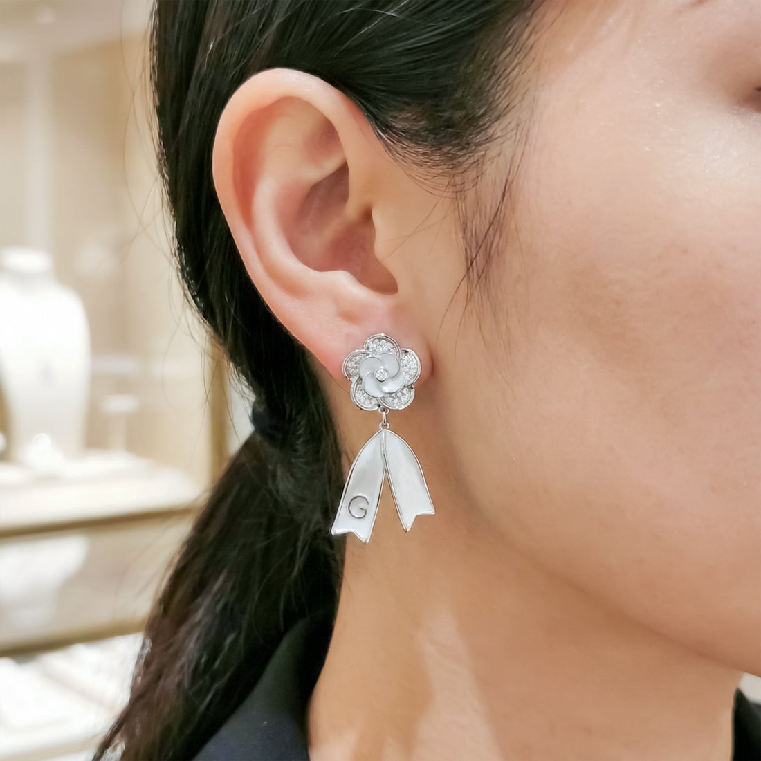 Camellia Flower Pearl Dangle Earrings