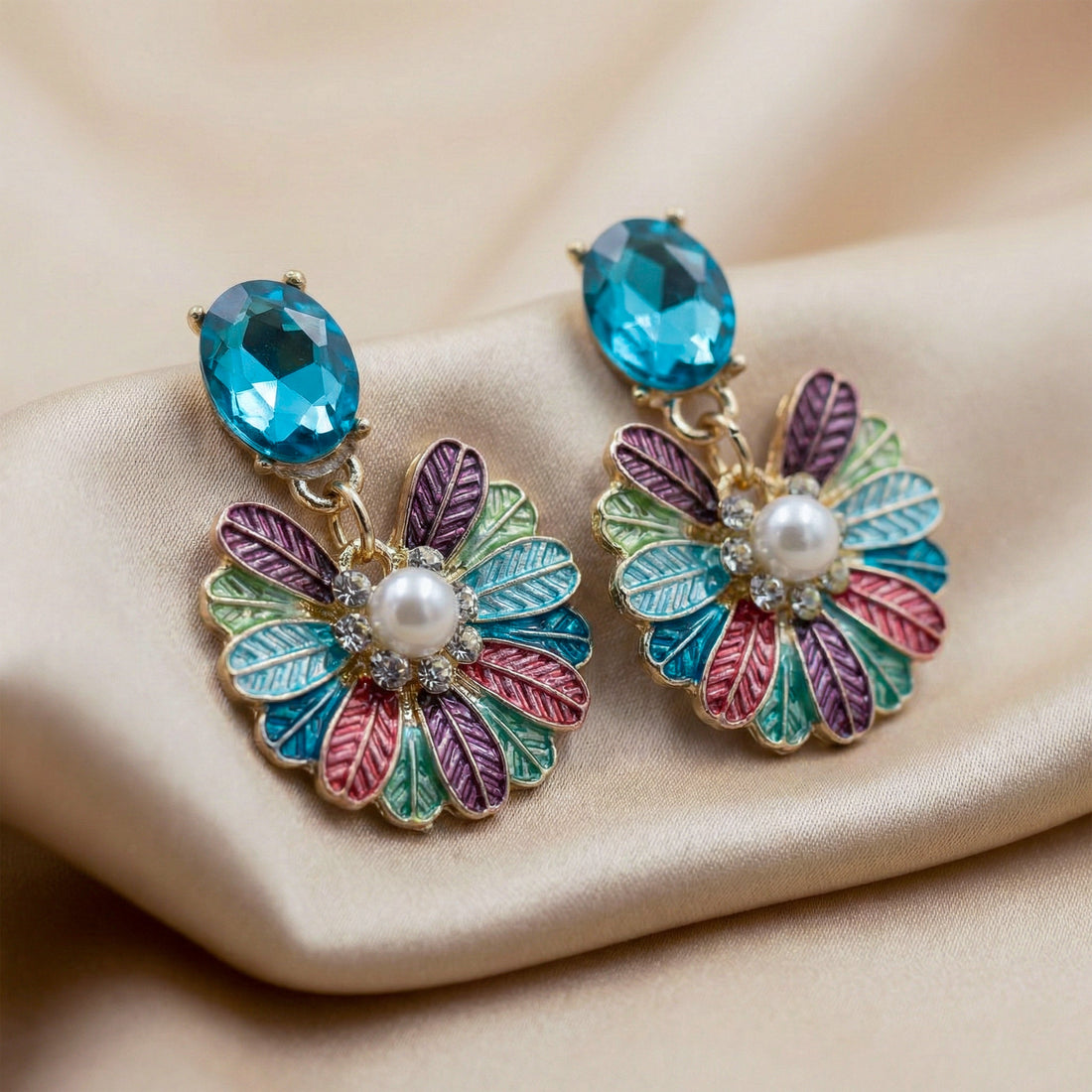 Aqua Bloom Pearl Drop Earrings