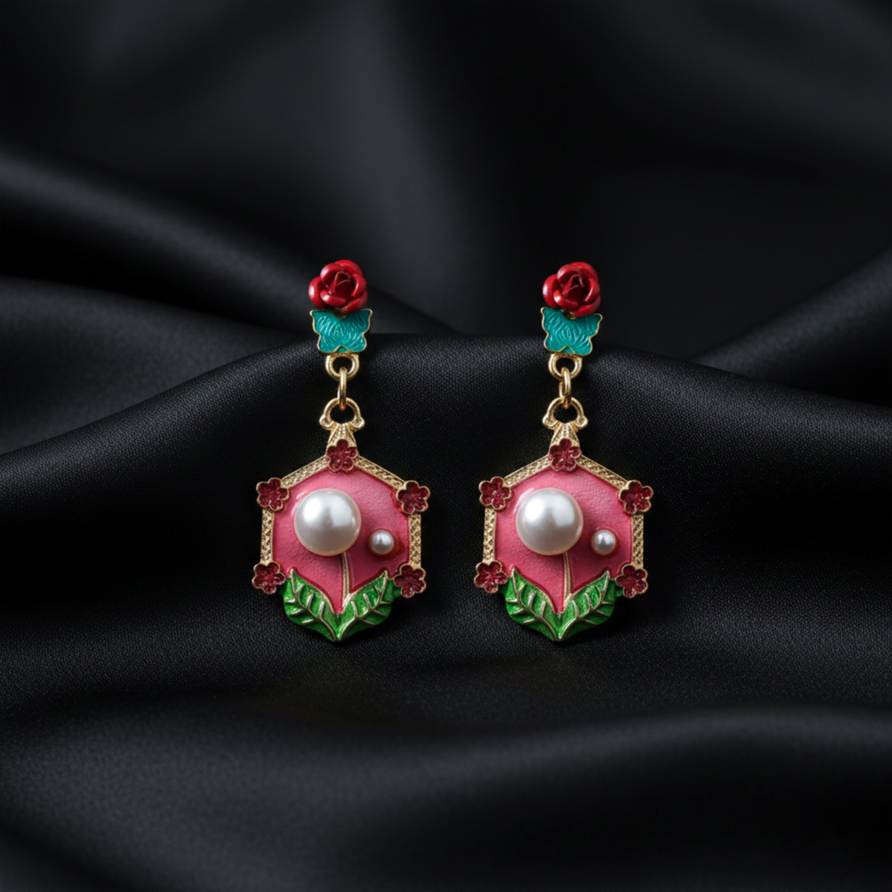 Rose Pearl Hexa Drops Earrings