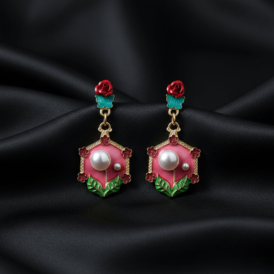Rose Pearl Hexa Drops Earrings
