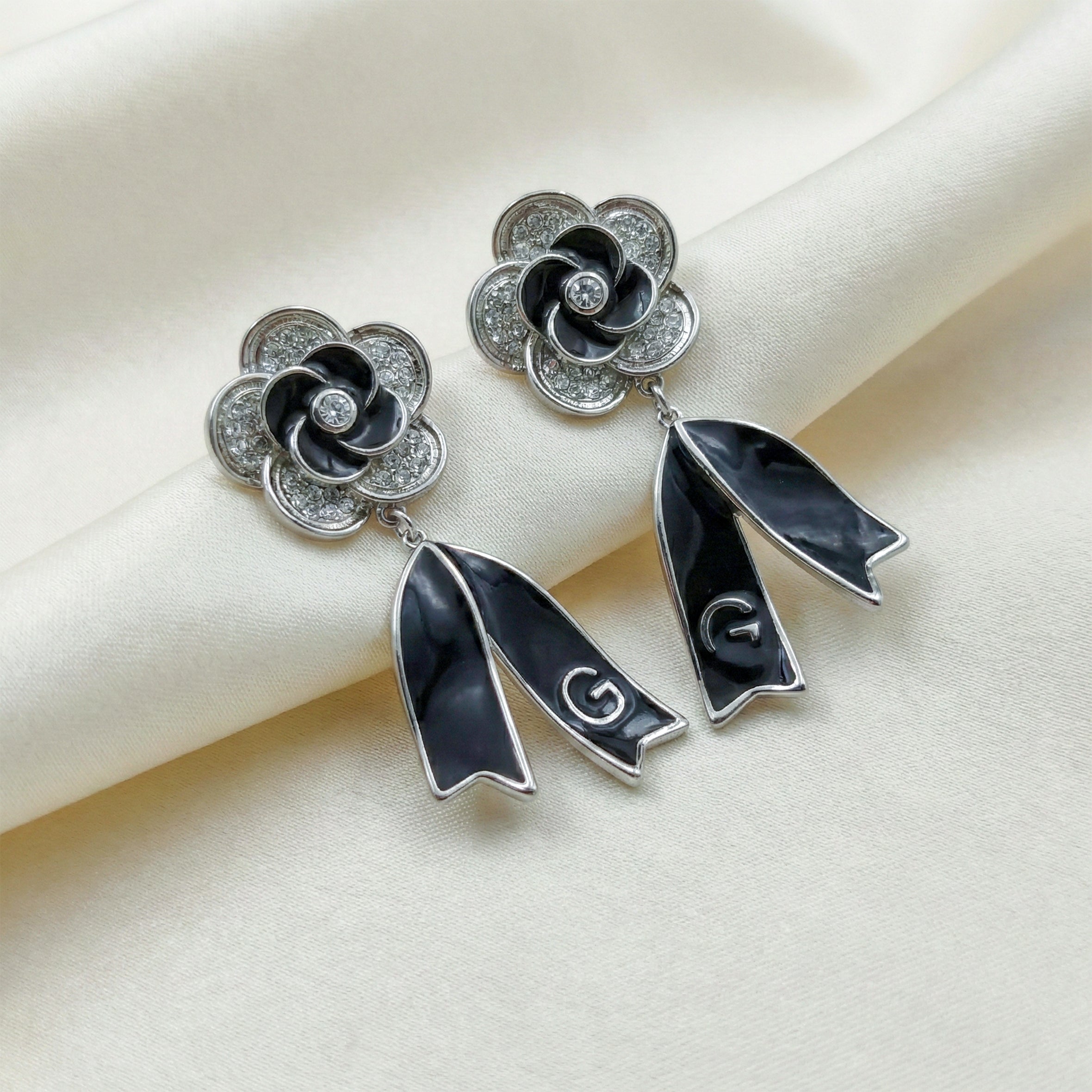 Black Enamel Blossom Drop Earrings