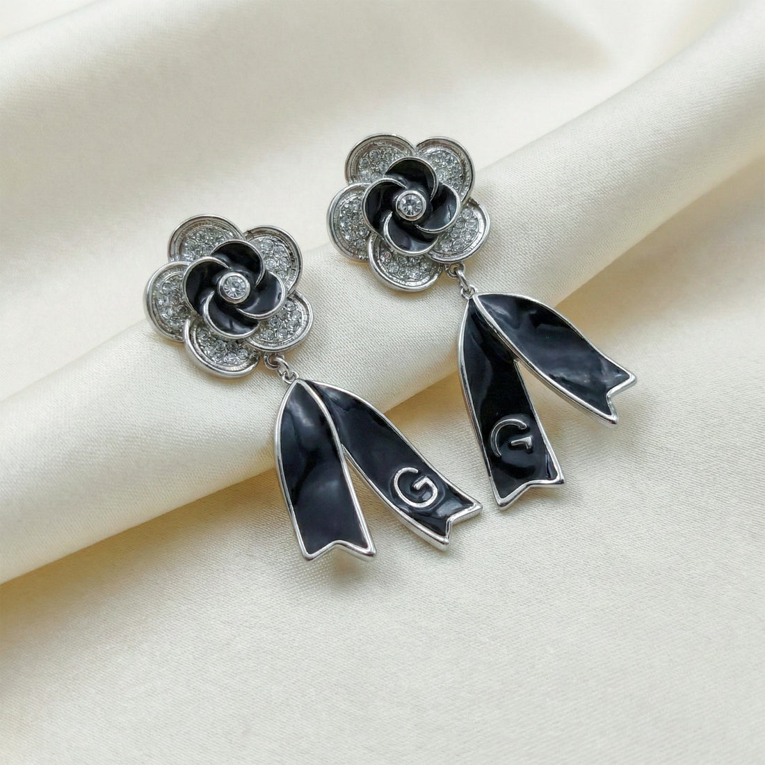 Black Enamel Blossom Drop Earrings