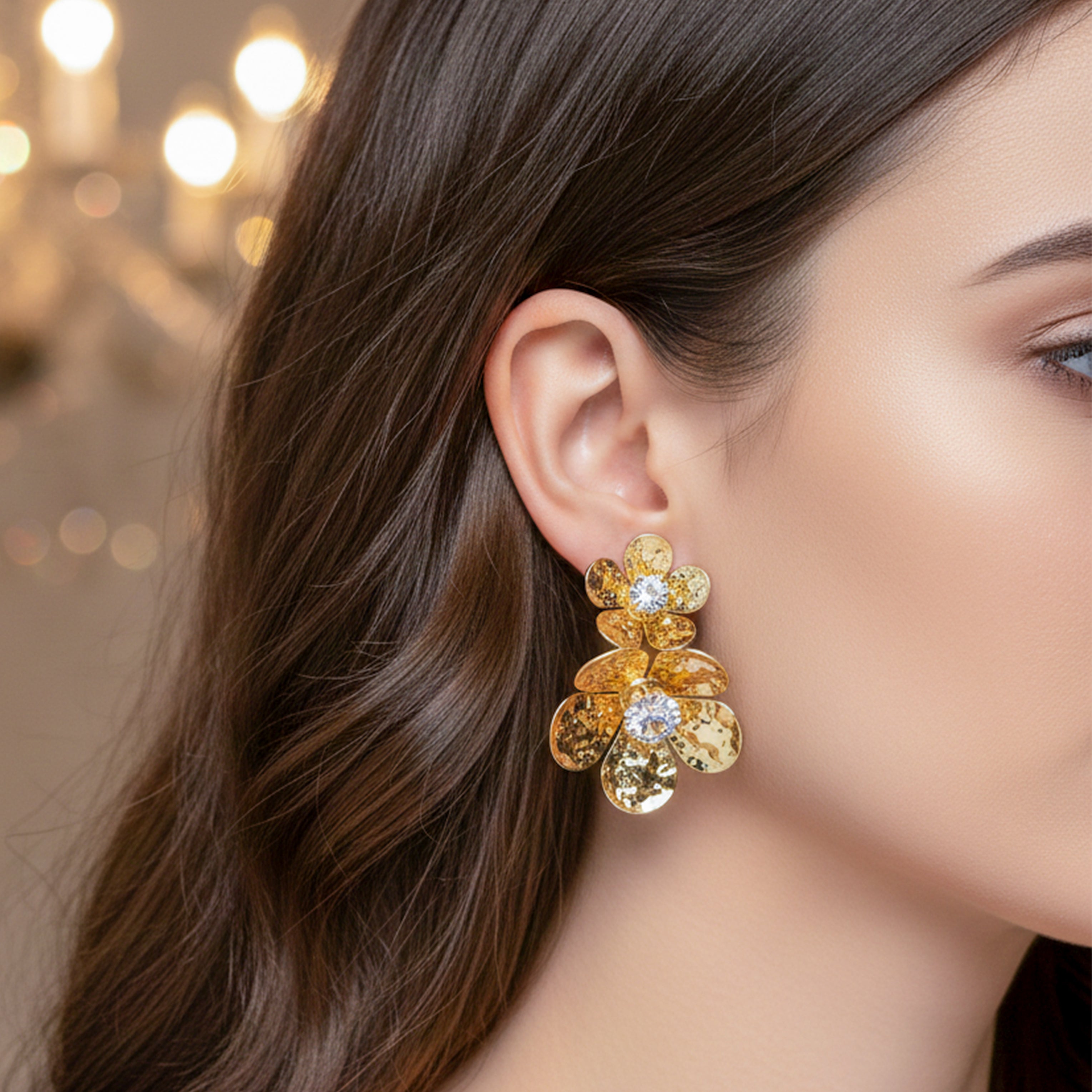Golden Flower Crystal Studs Earrings
