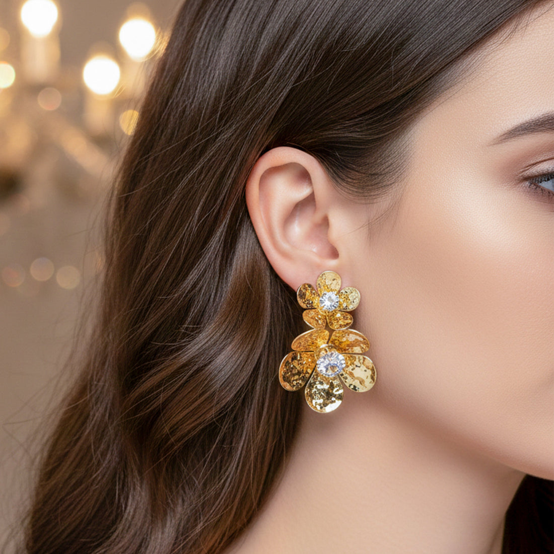 Golden Flower Crystal Studs Earrings