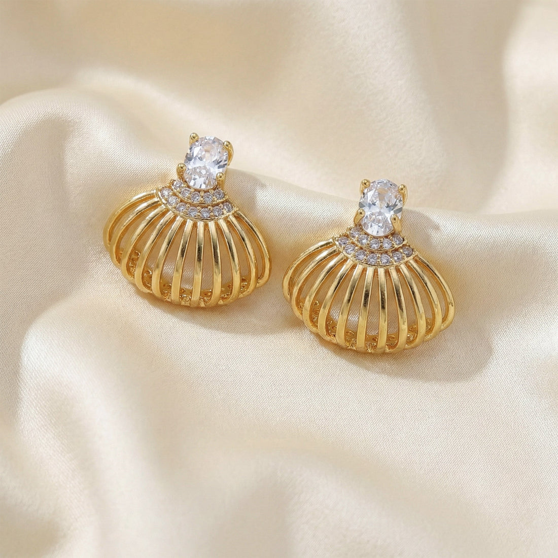 Shell Crystal Gold Stud Earrings