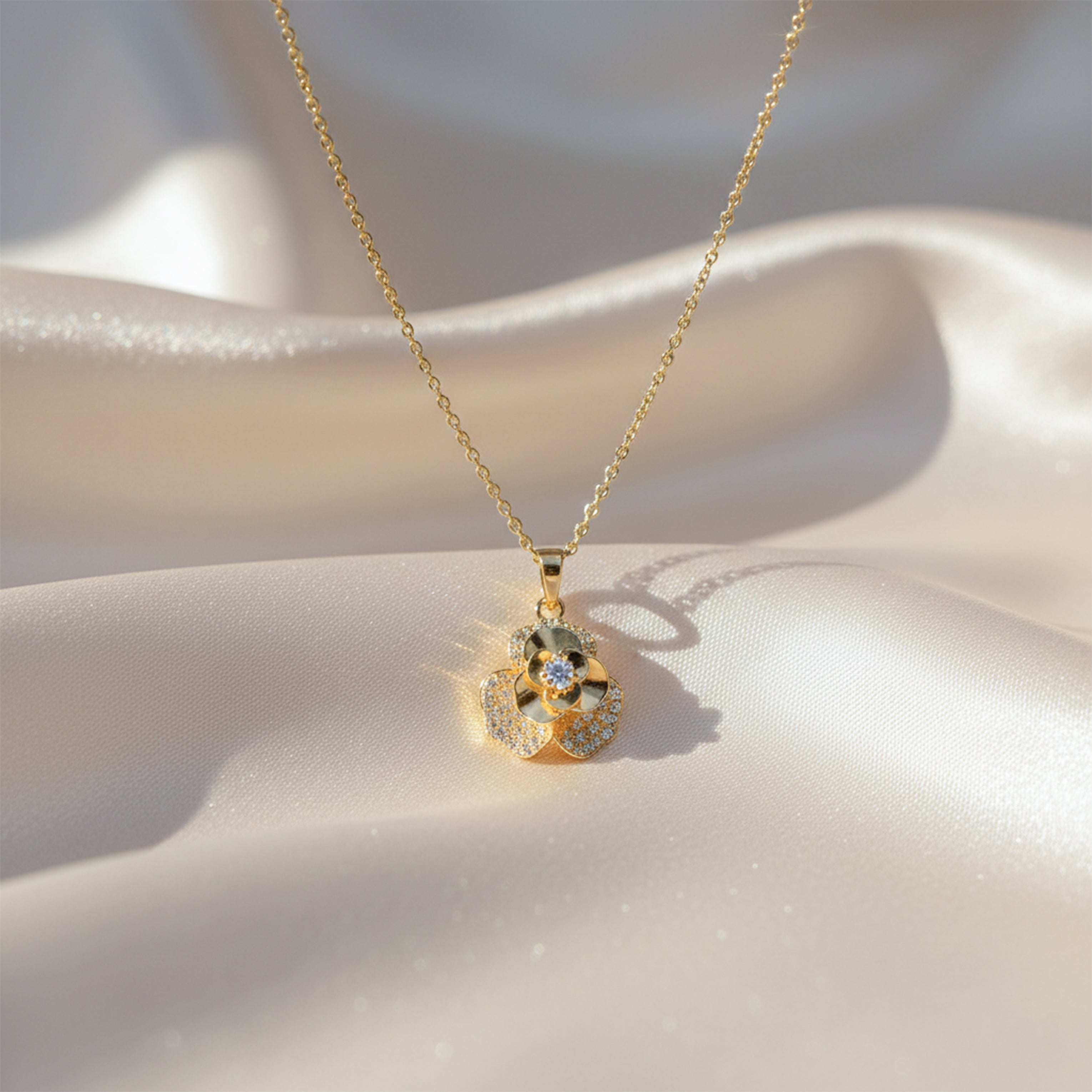 Gold Diamond Flower Pendant Necklace