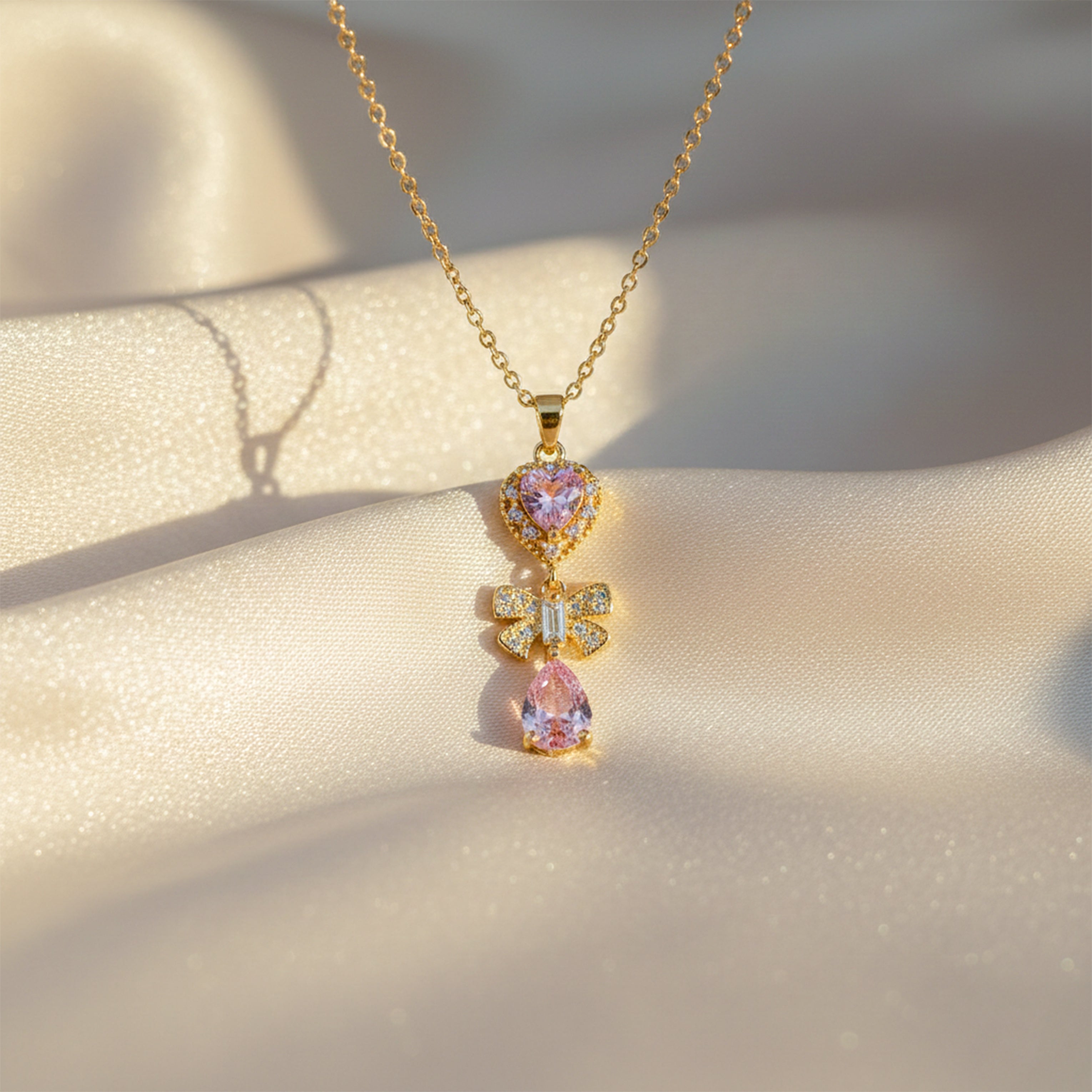 Delicate Heart & Bow Gold Necklace