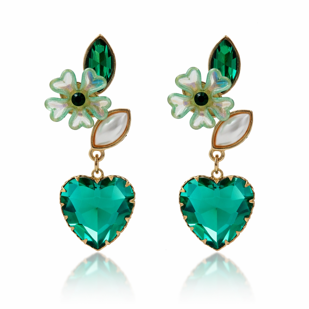 Green Luxe Floral Heart Earrings