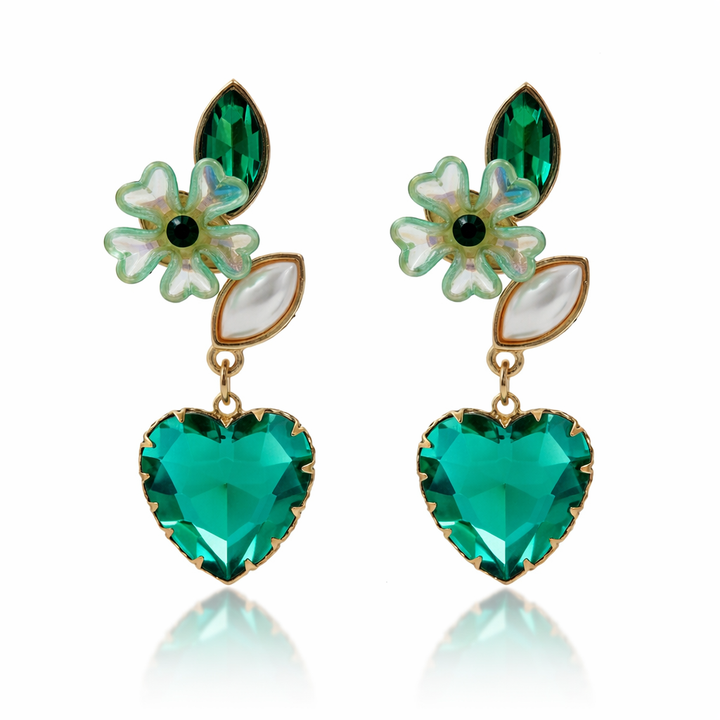 Green Luxe Floral Heart Earrings