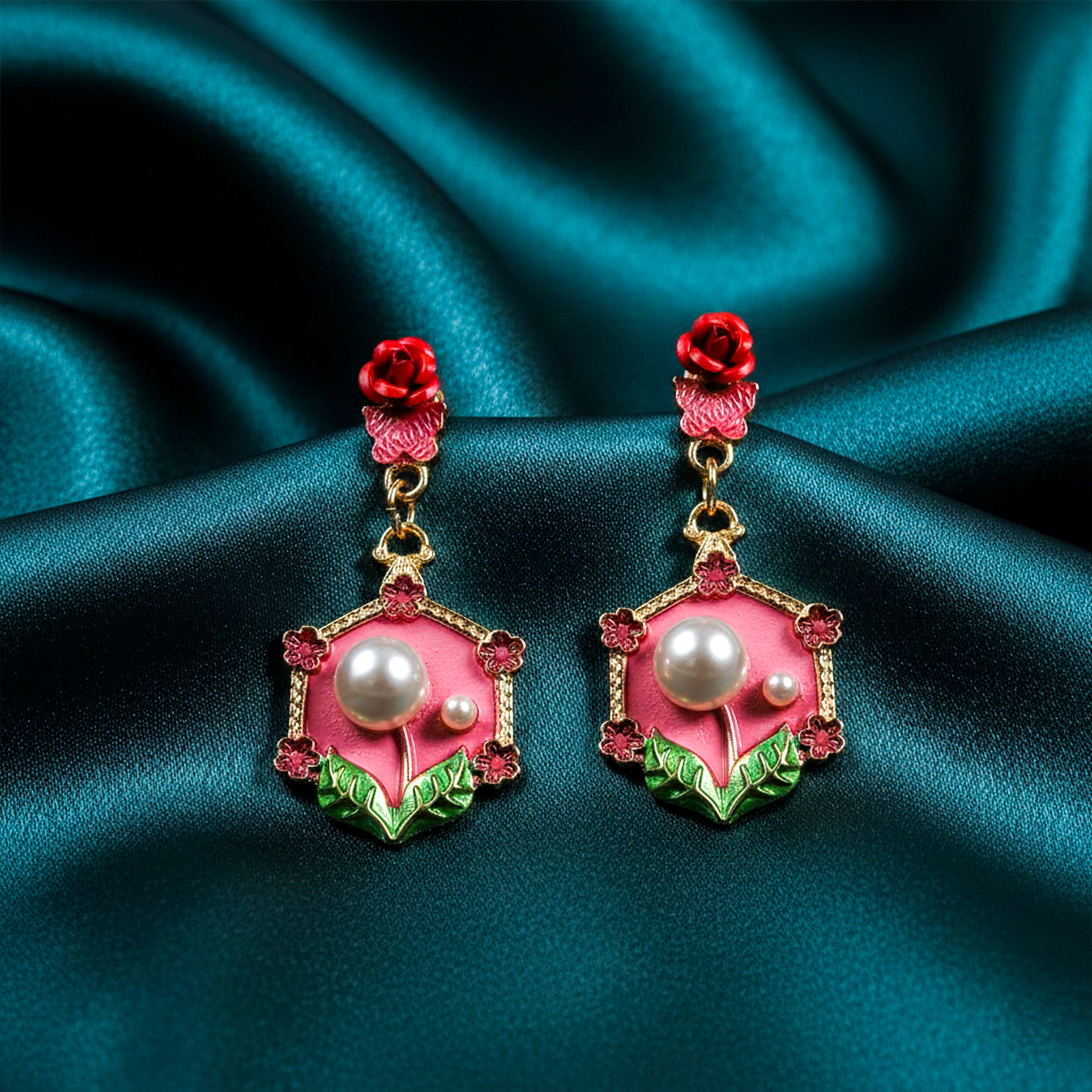 Rose Pearl Hexa Drops Earrings