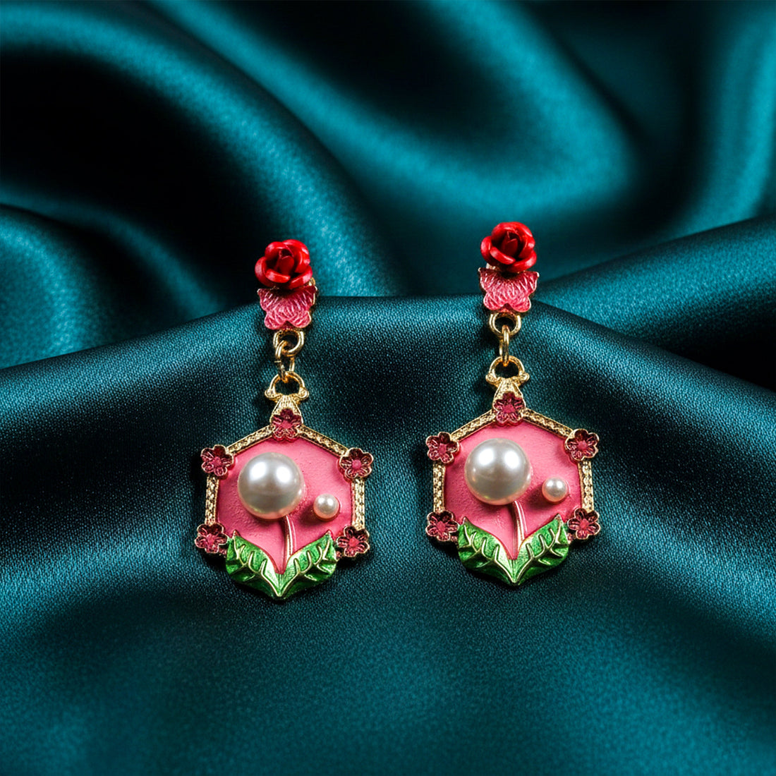 Rose Pearl Hexa Drops Earrings