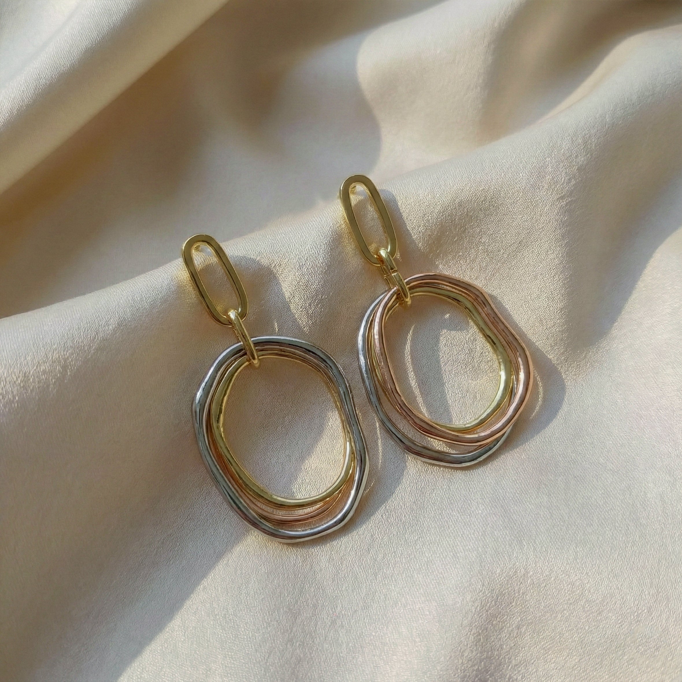 Tri-Tone Layered Oval Statement Earrings