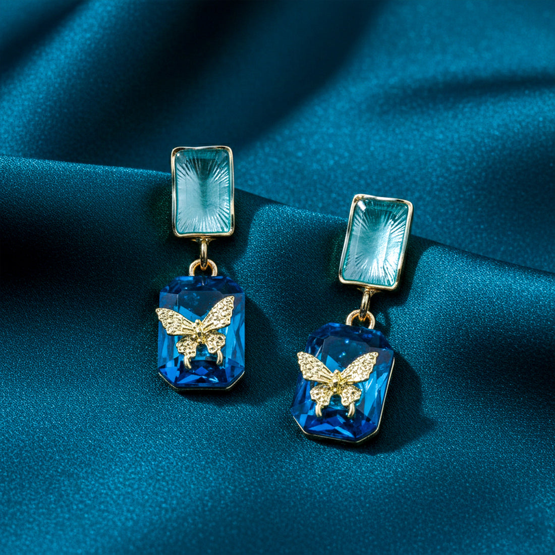 Blue Crystal Butterfly Drop Earrings