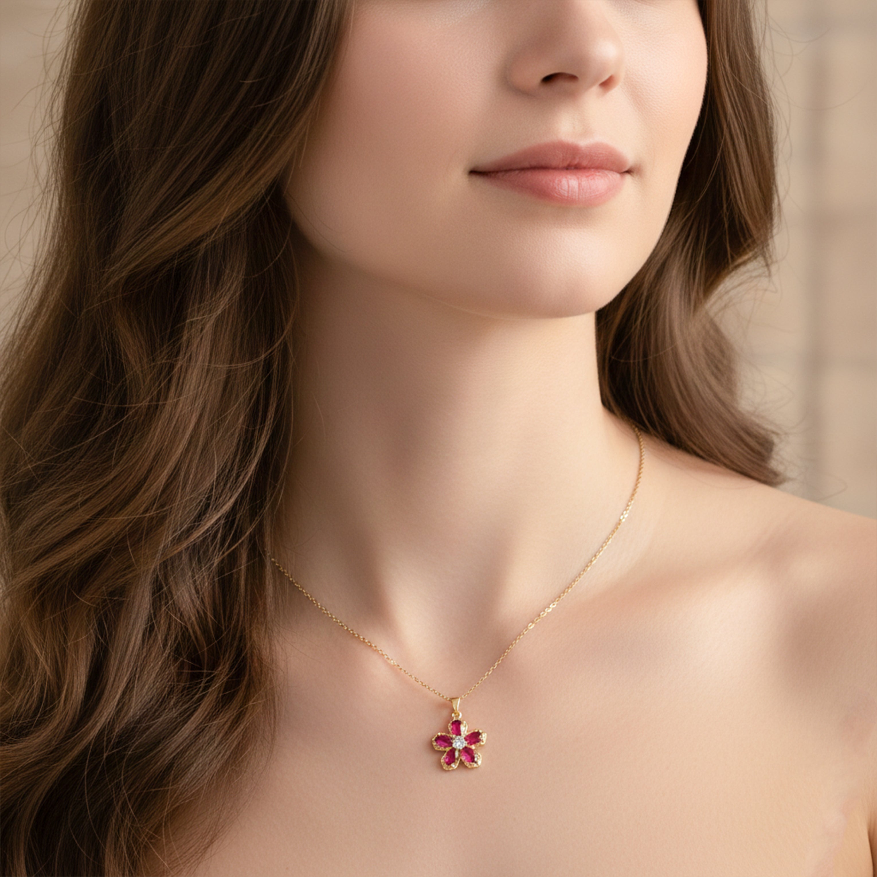 Pink Ruby Flower Pendant Necklace