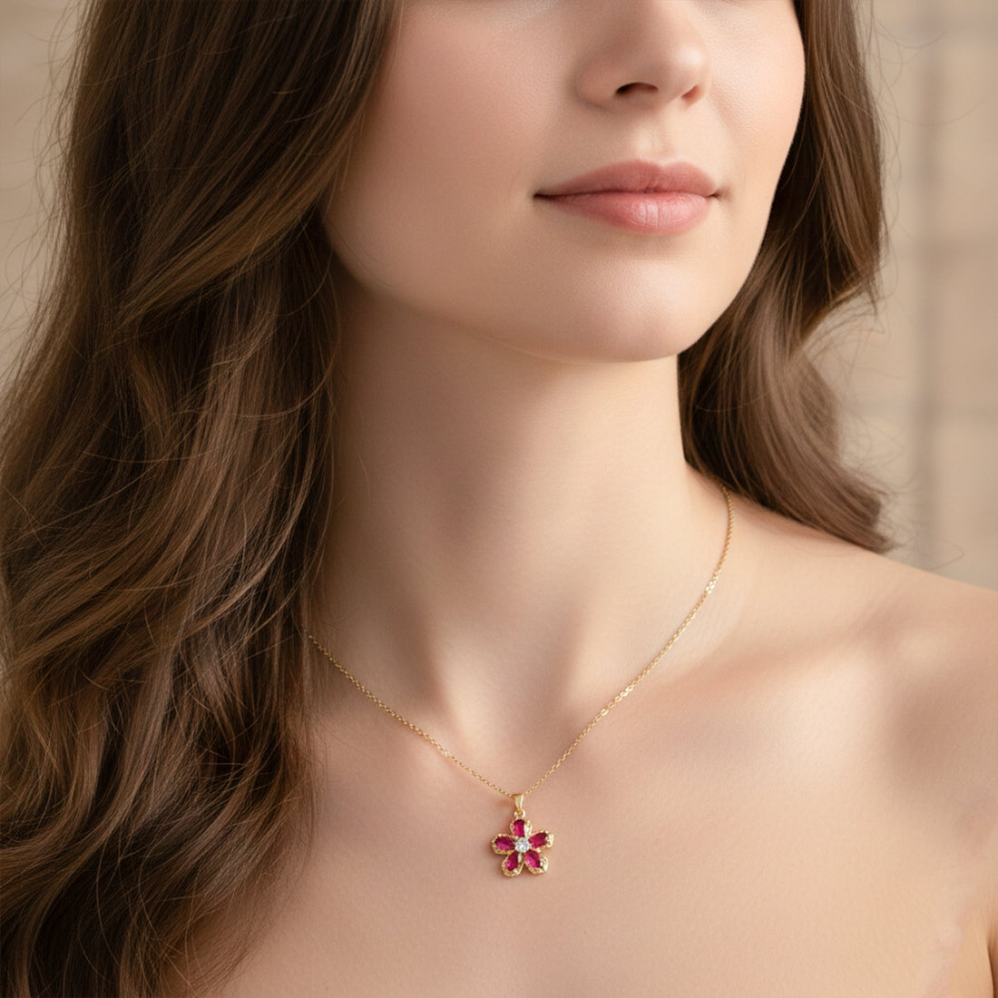 Pink Ruby Flower Pendant Necklace