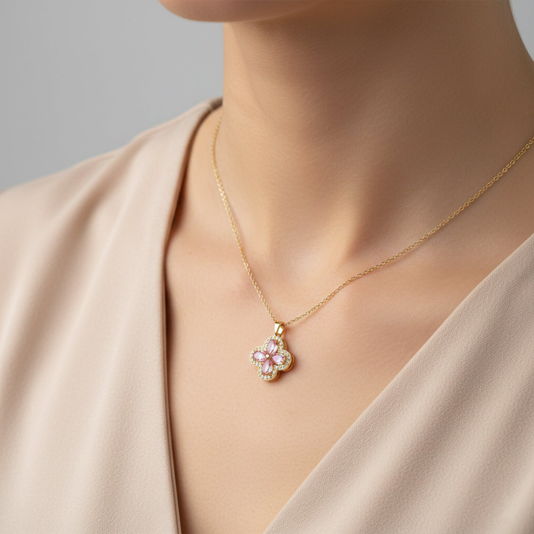 Pink Blossom Flower Pendant Gold Necklace