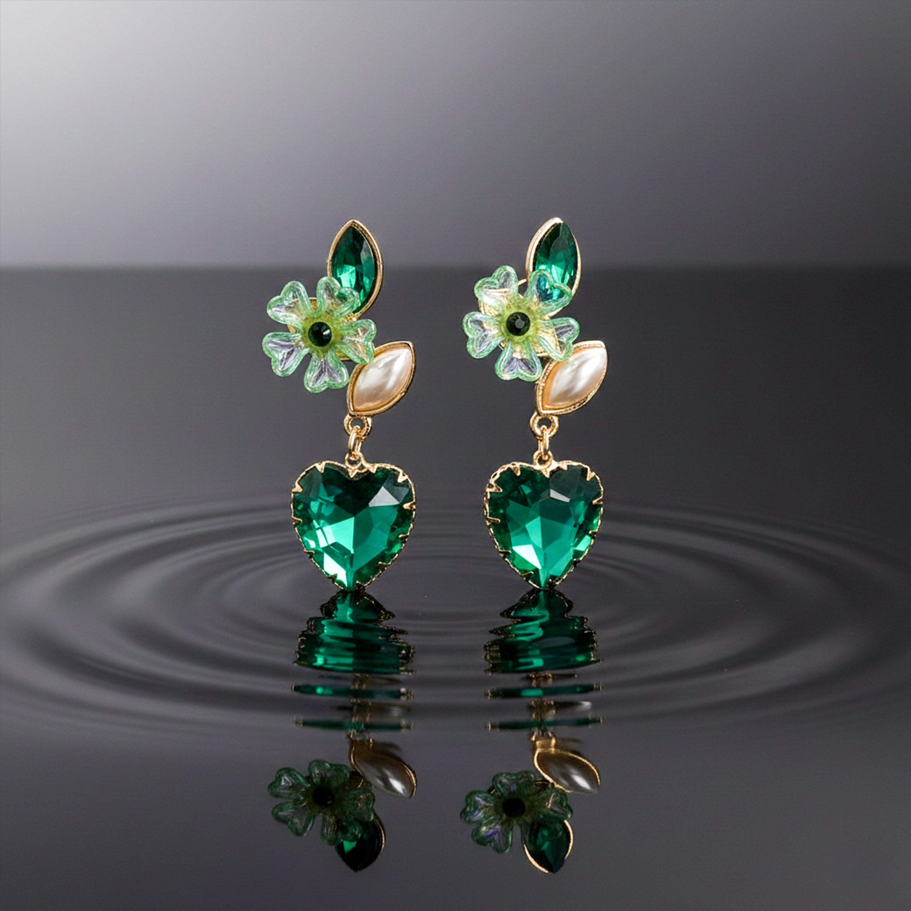 Green Luxe Floral Heart Earrings