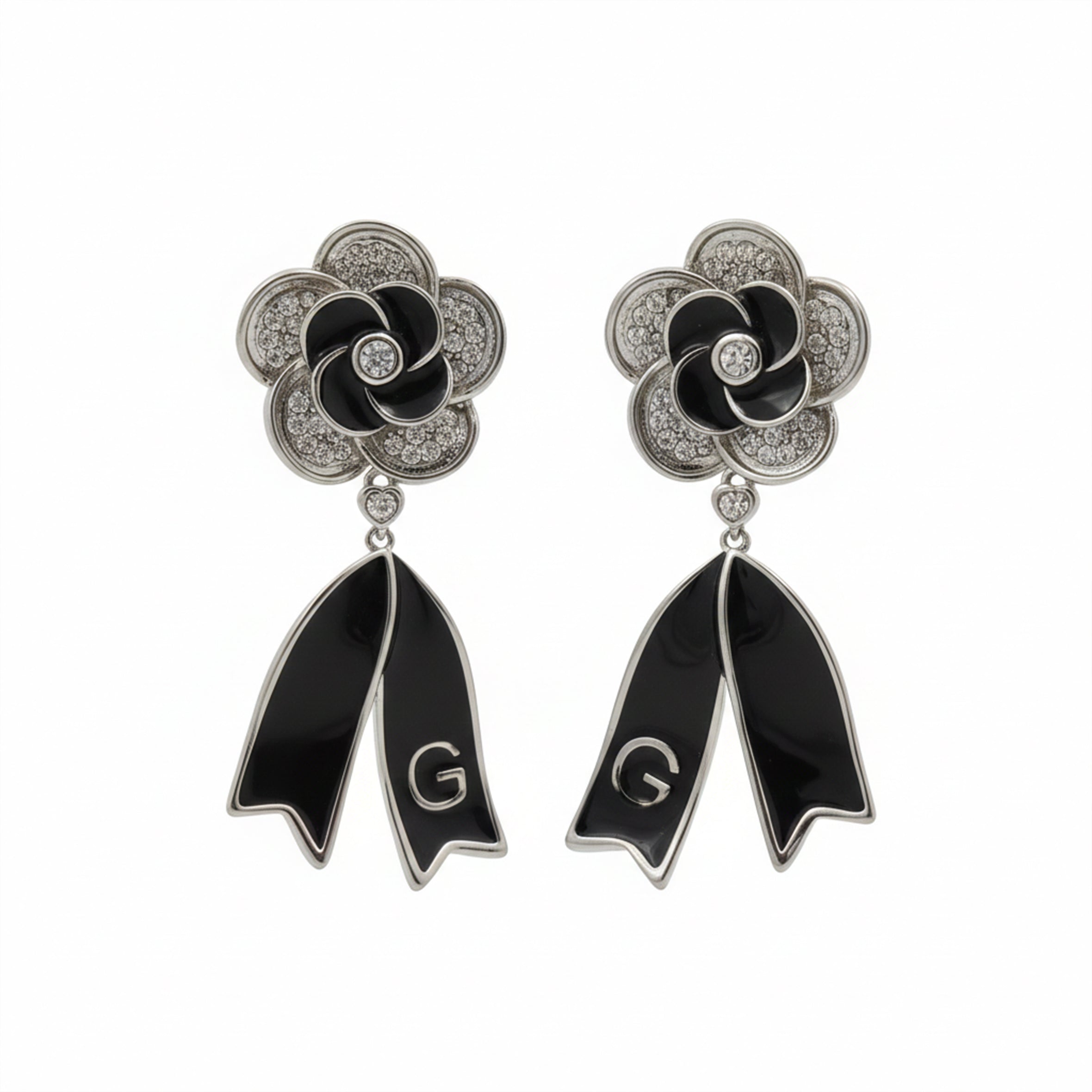 Black Enamel Blossom Drop Earrings