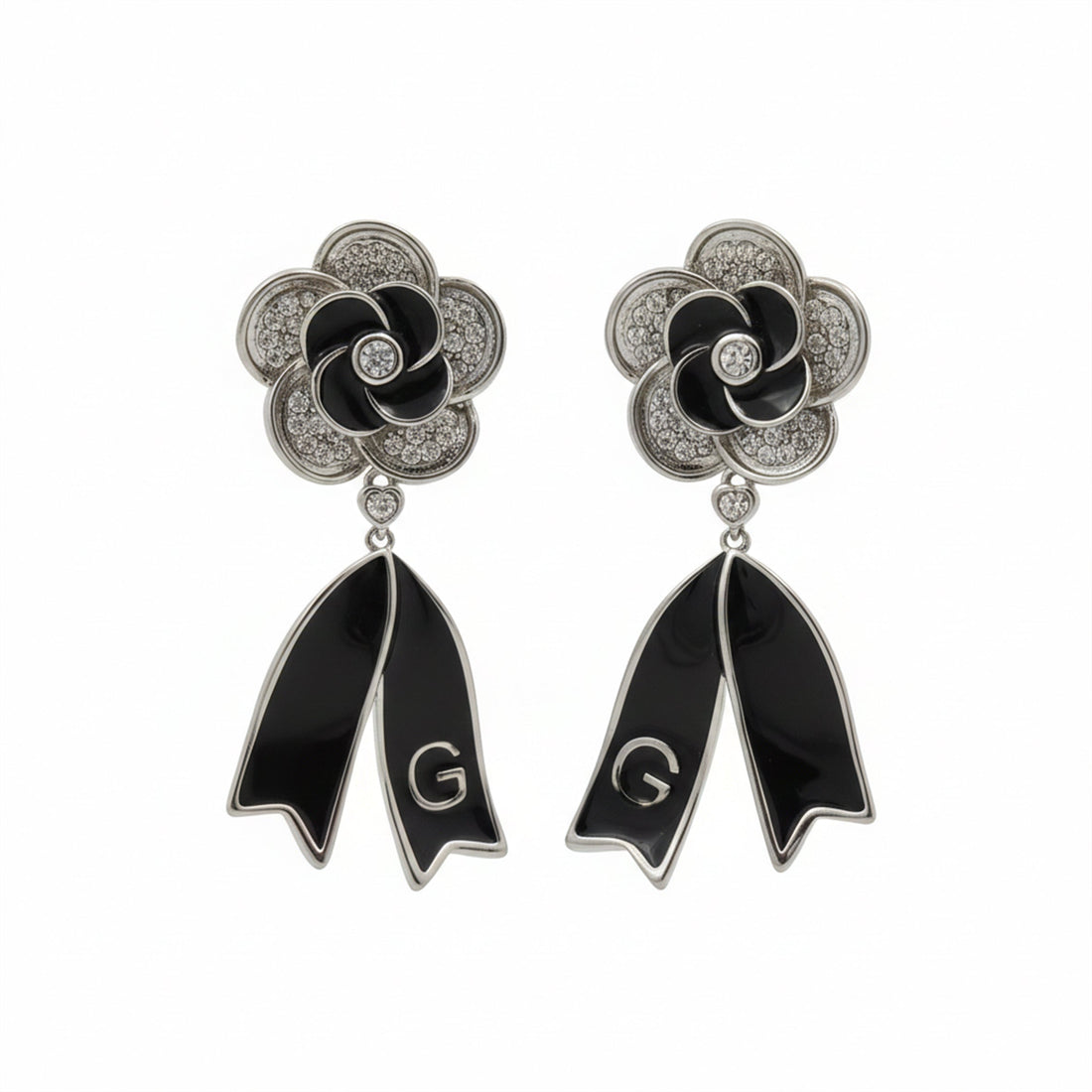 Black Enamel Blossom Drop Earrings