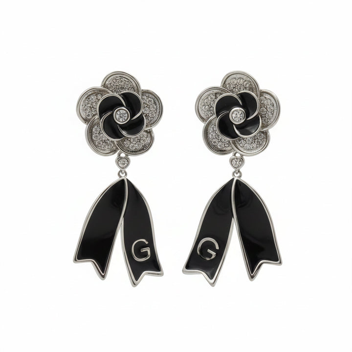 Black Enamel Blossom Drop Earrings