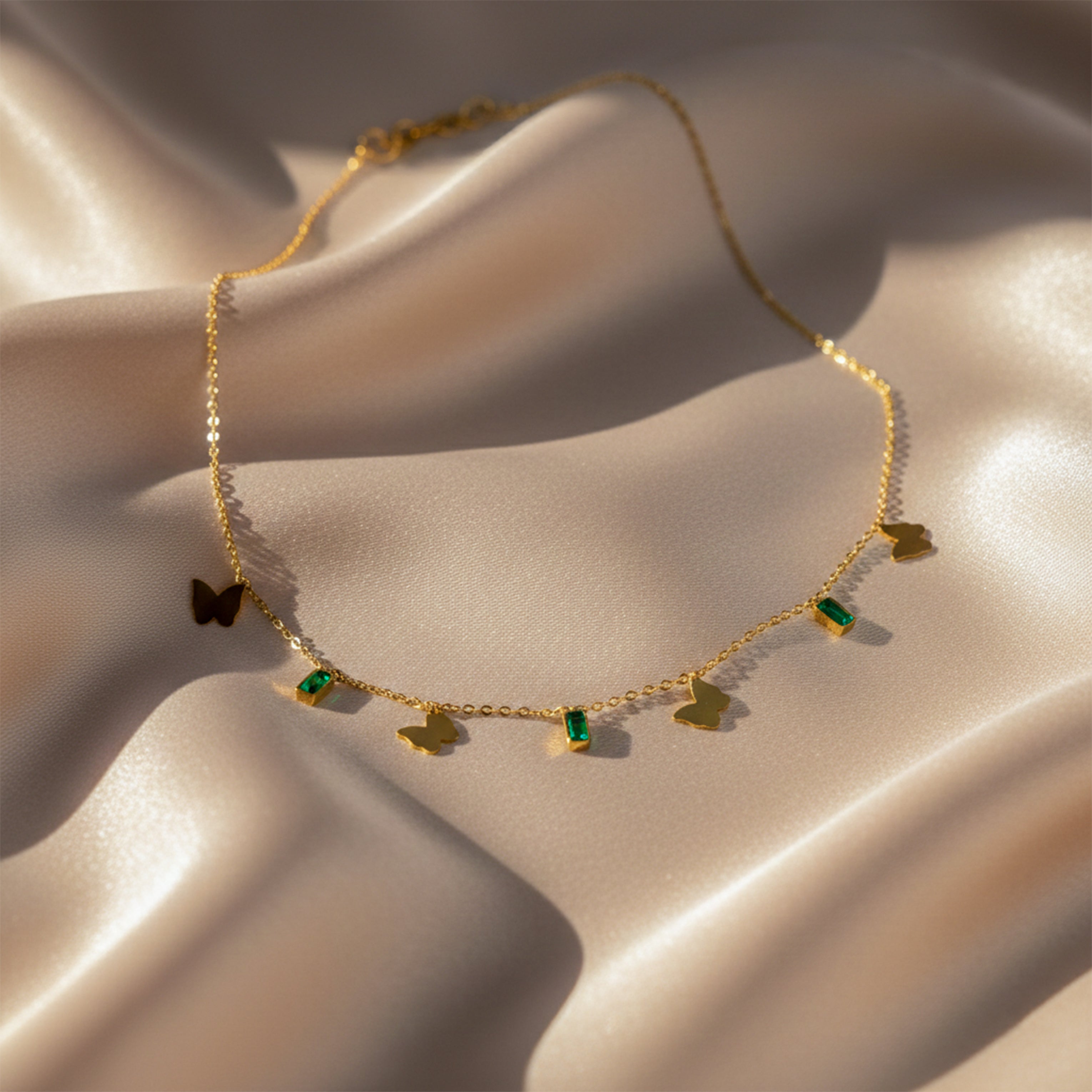Green Stone Butterfly Charm Necklace
