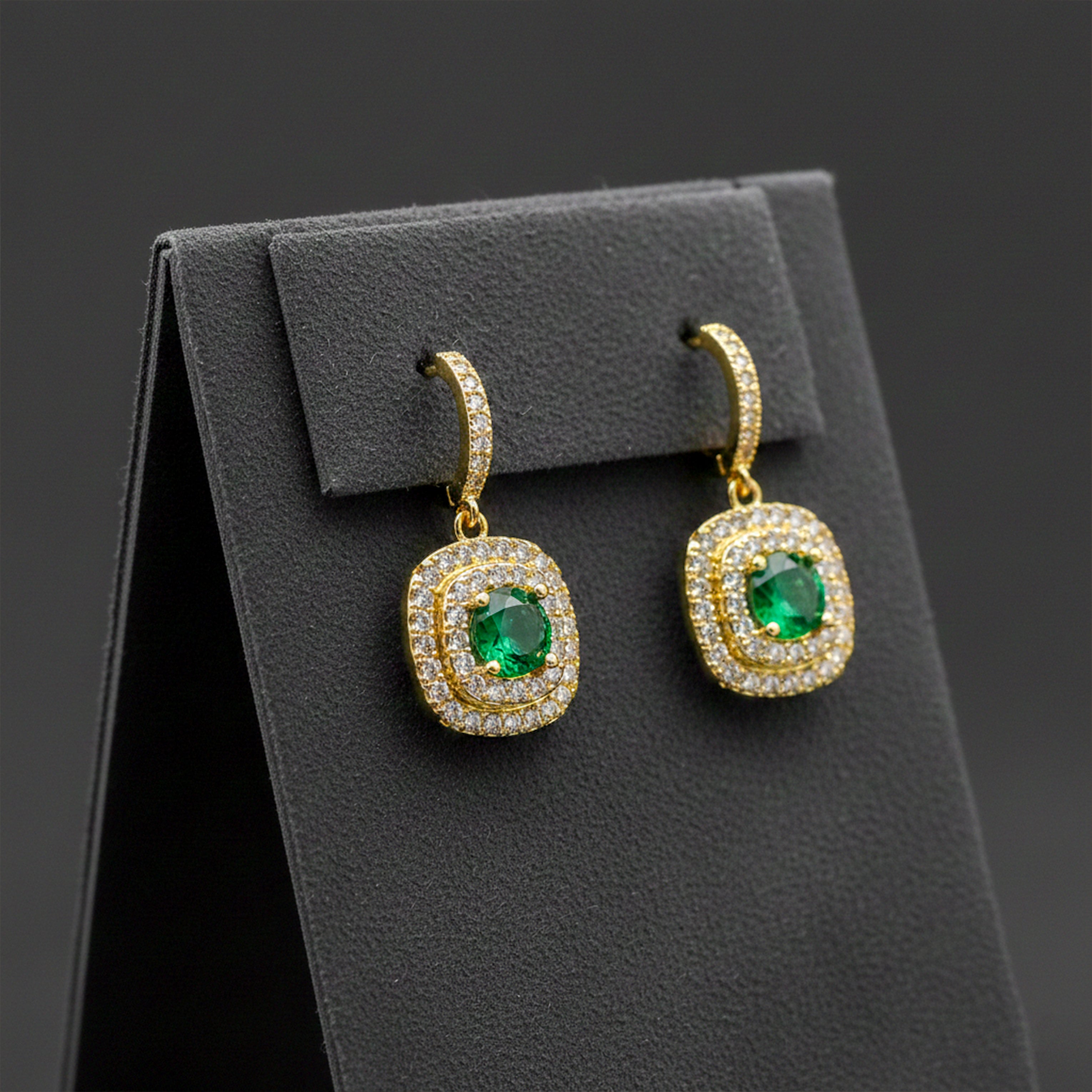 Classic Emerald Halo Gold Earrings