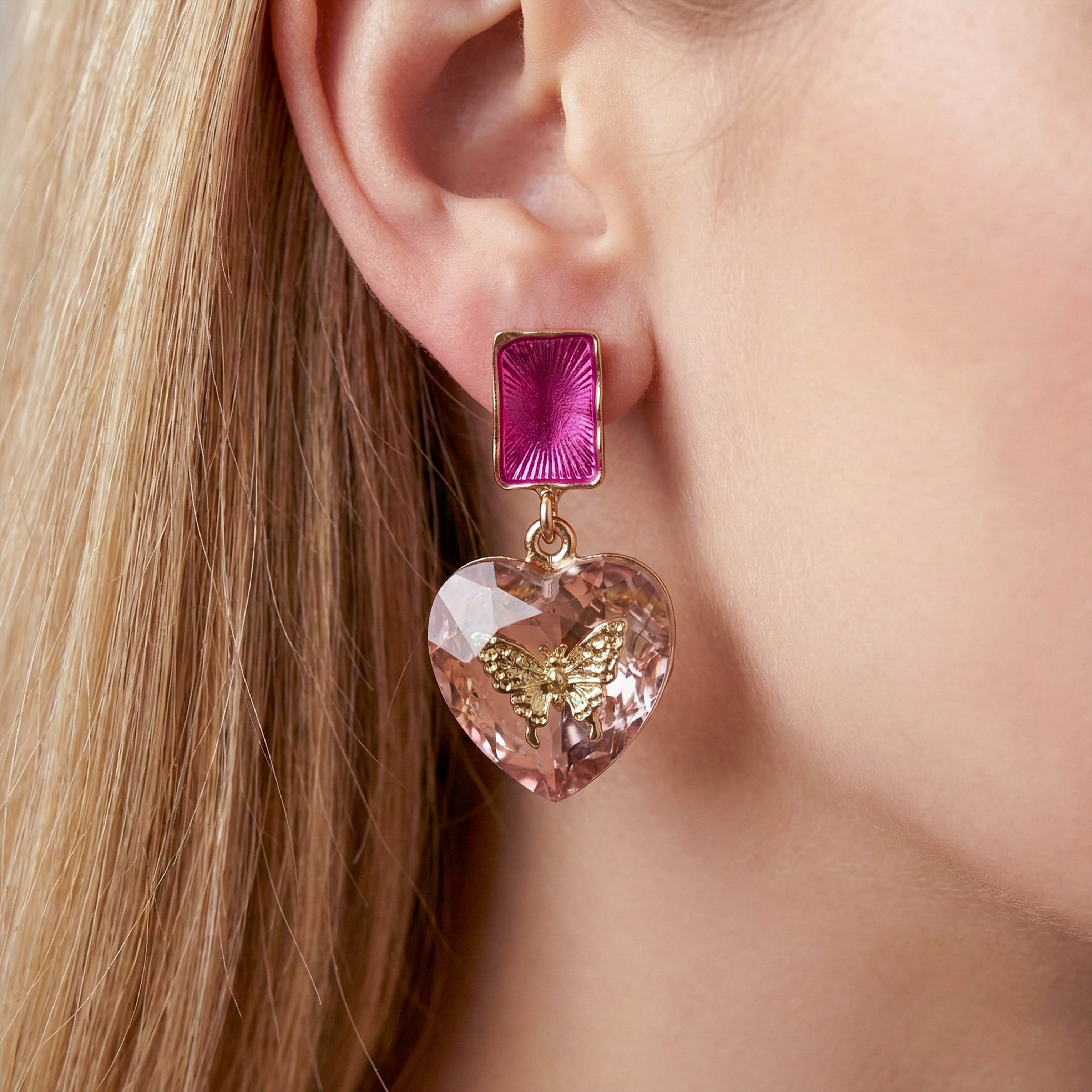 Butterfly Heart Floral Gold Earrings