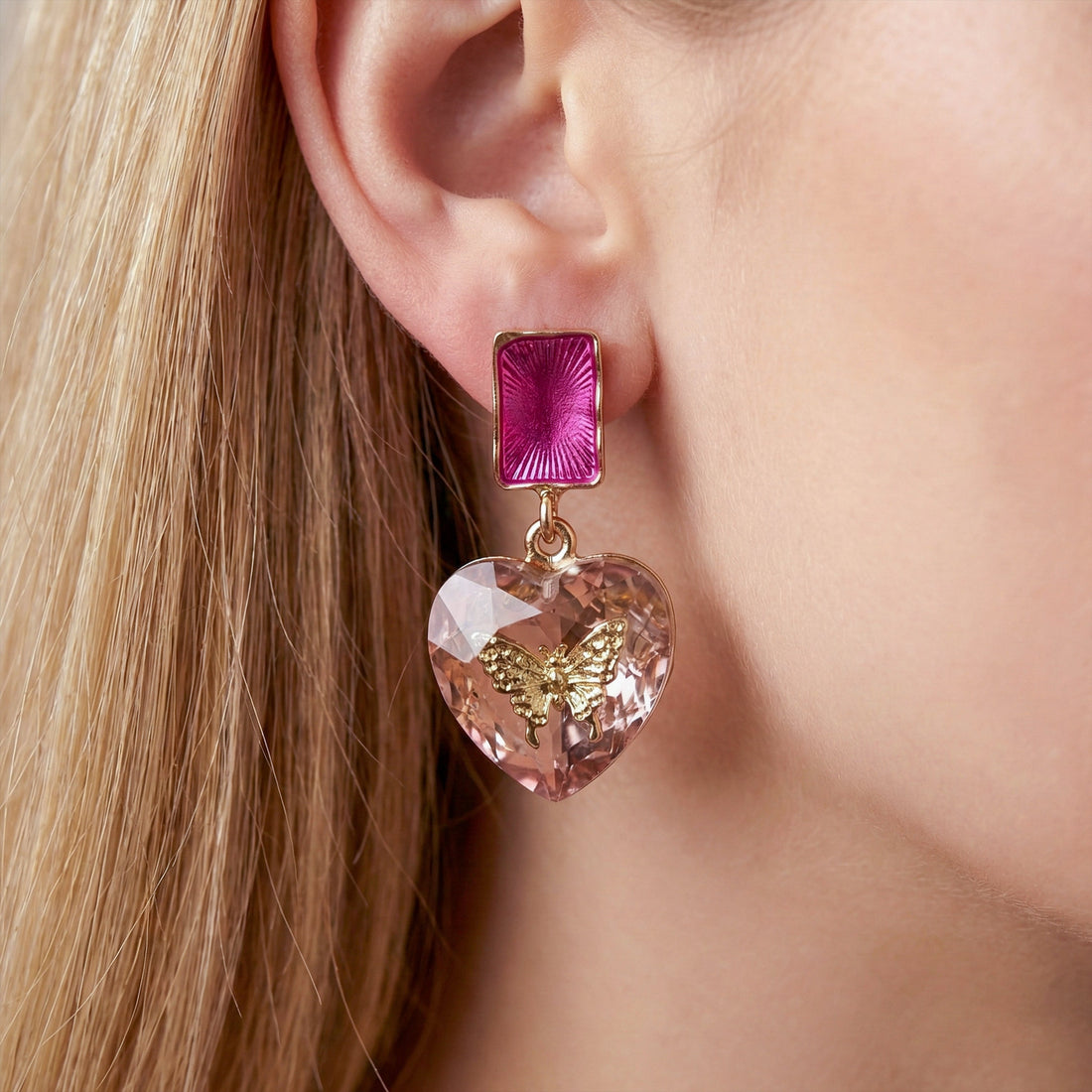 Butterfly Heart Floral Gold Earrings