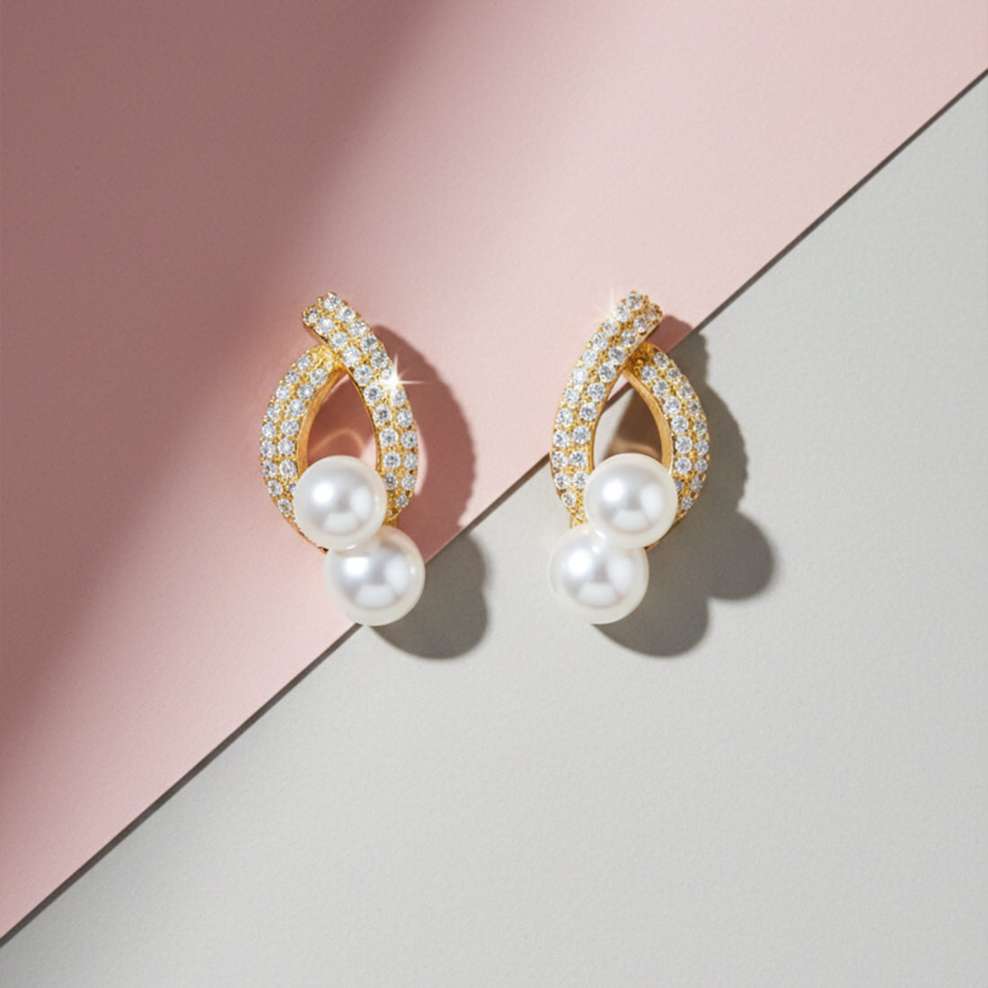 Elegant Double Pearl Drop Diamond Earrings