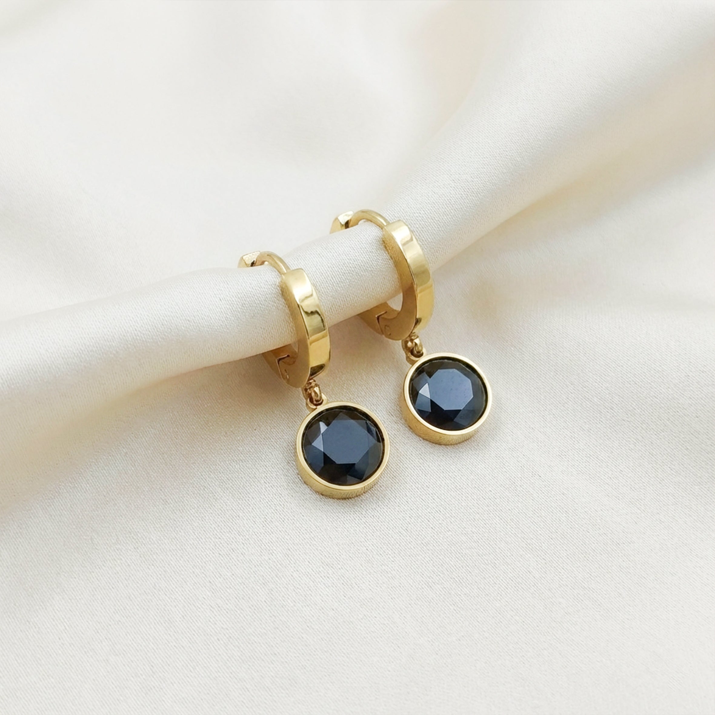 Designer Gold Hoop Black Stone Earrings