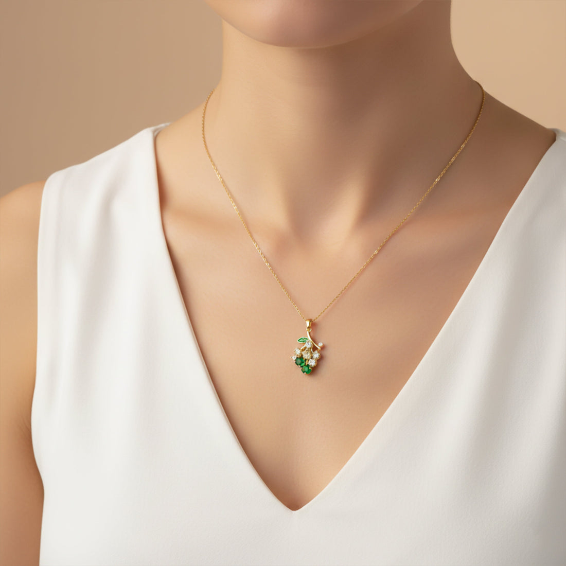Green Flower Crystal Gold Pendant Necklace