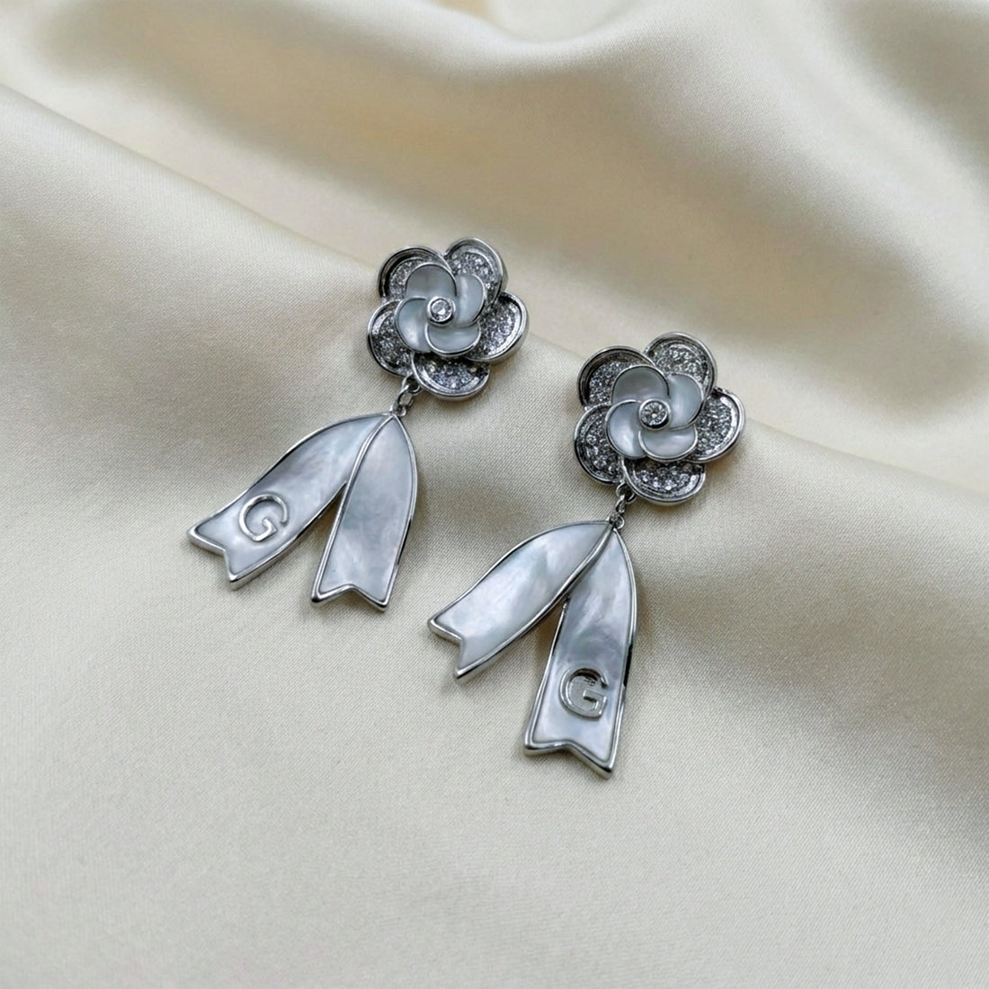 Camellia Flower Pearl Dangle Earrings