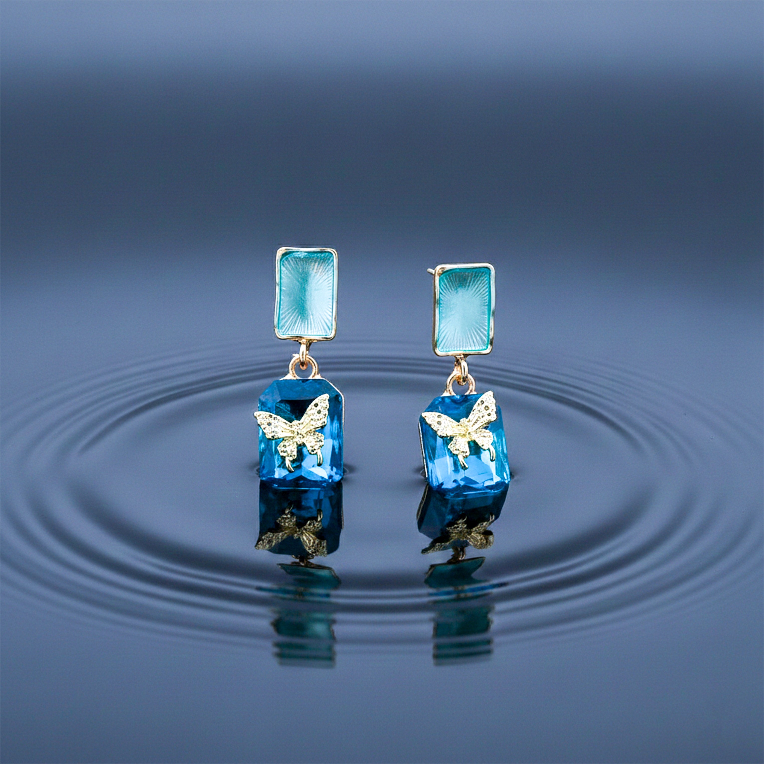 Blue Crystal Butterfly Drop Earrings