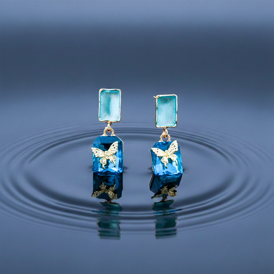 Blue Crystal Butterfly Drop Earrings
