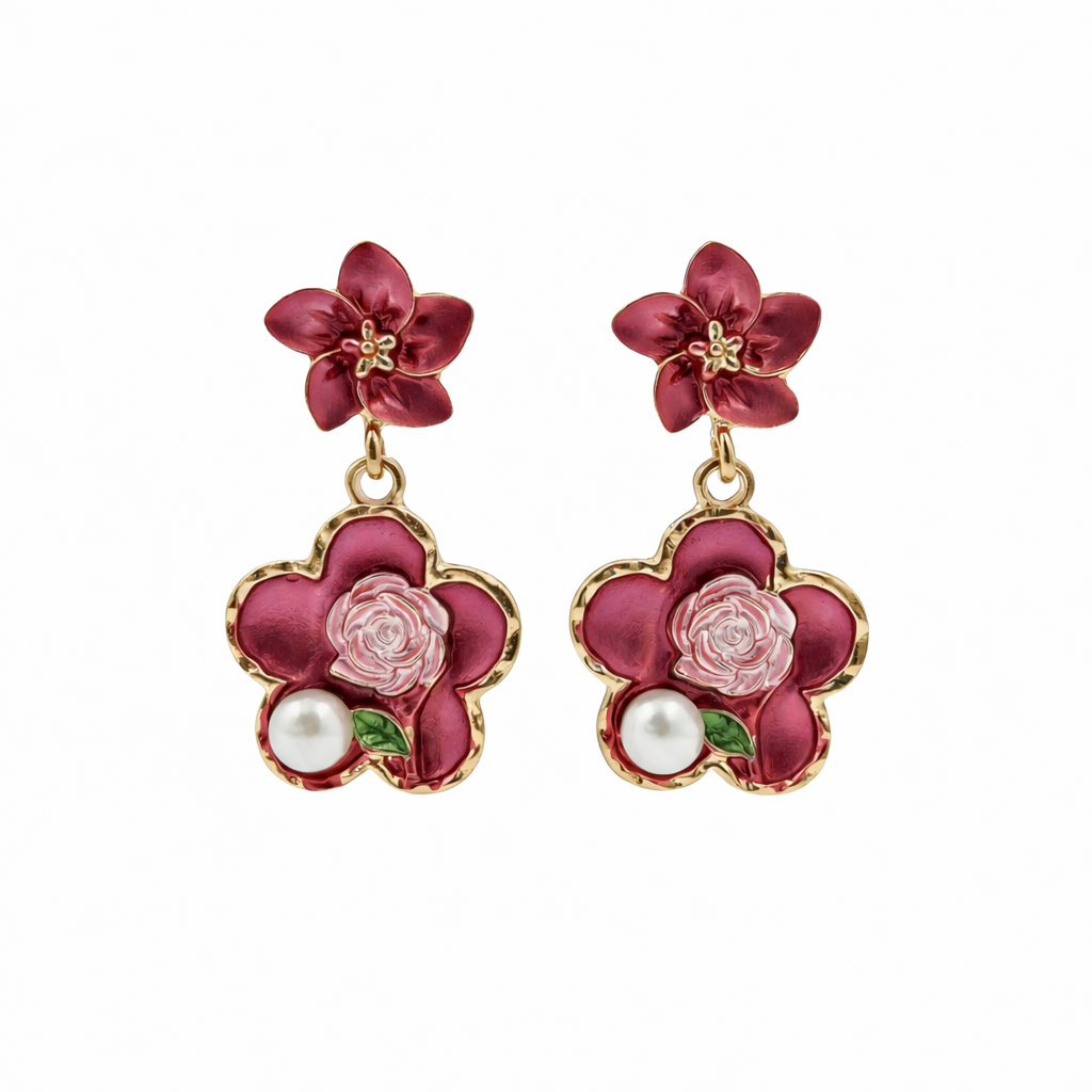 Rose Charm Pearl Drops Earrings