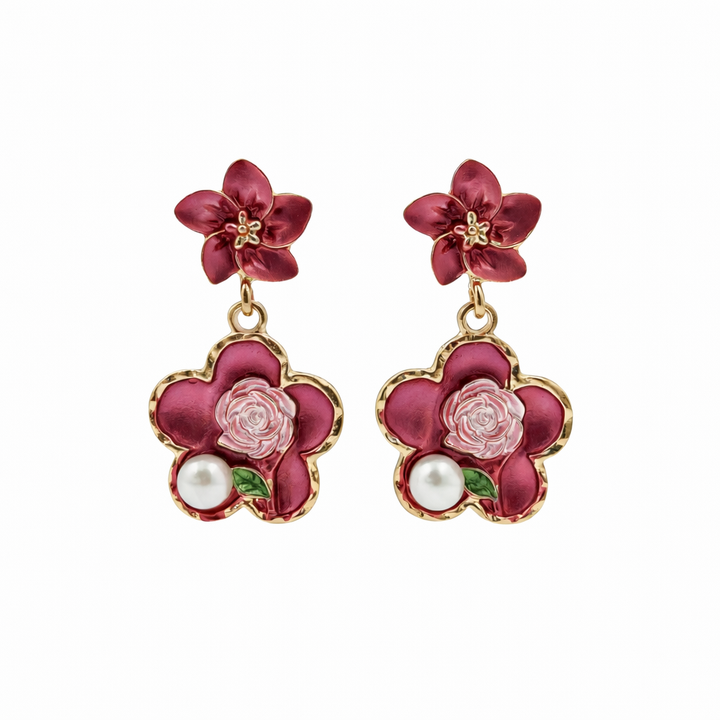 Rose Charm Pearl Drops Earrings